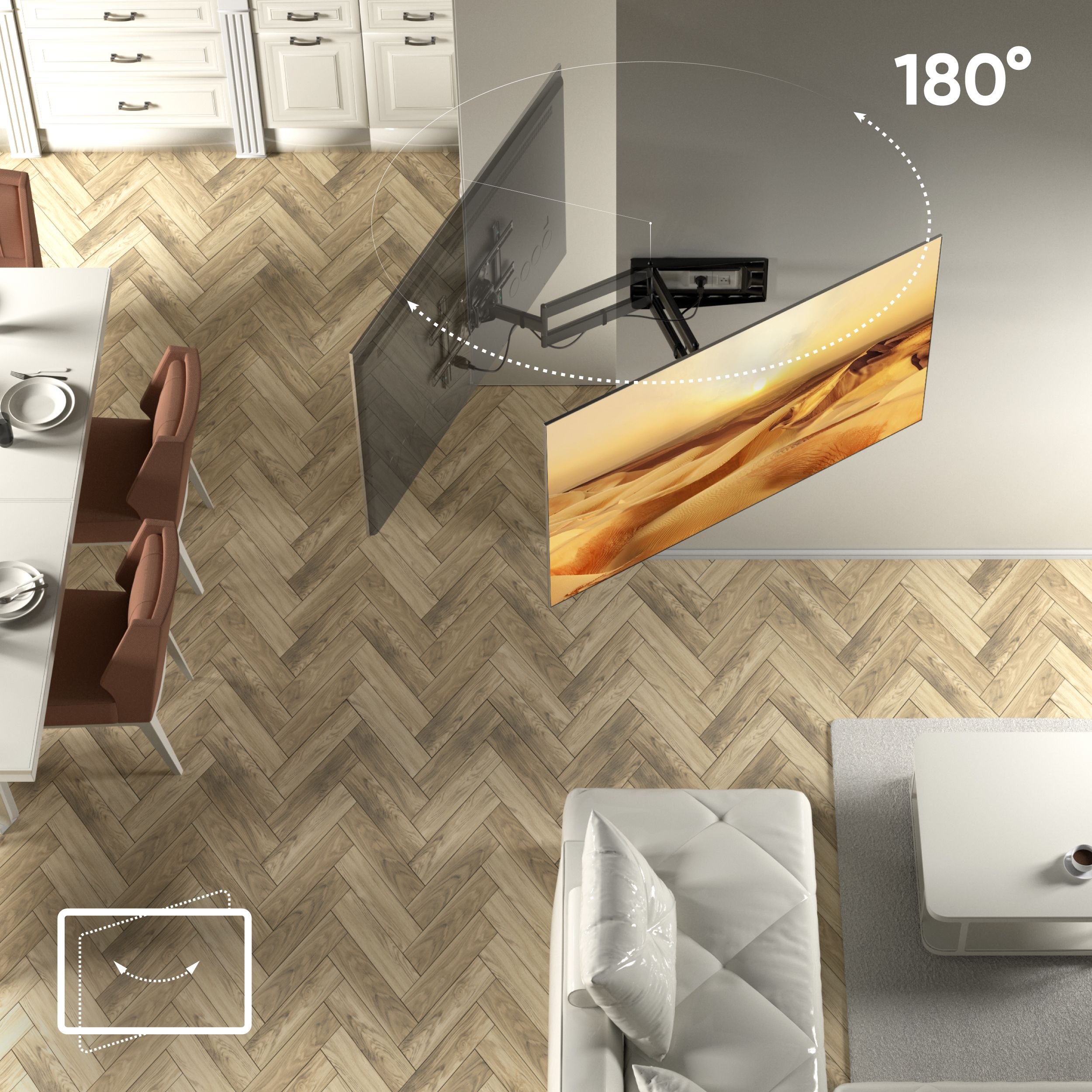 Telewizor zamontowany na ścianie, pokazujący obraz pustyni, może obracać się o 180 stopni. W pokoju znajdują się również stół jadalny i sofa.