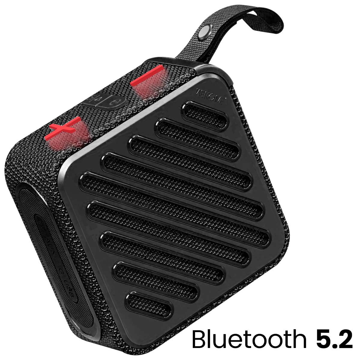 Un altoparlante Bluetooth nero a forma di cubo con superficie a rete, pulsanti rossi e cinturino. Viene visualizzato Bluetooth 5.2.