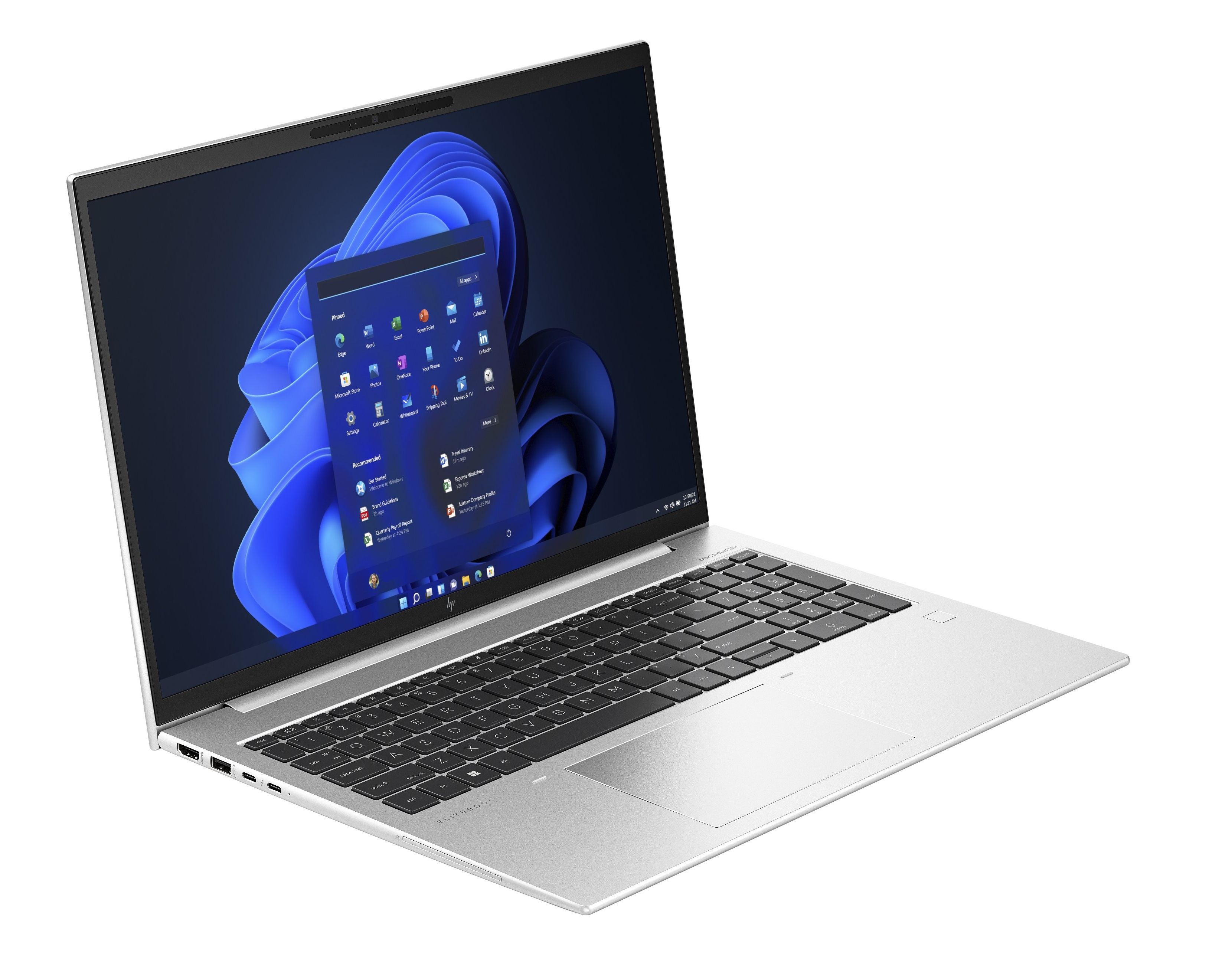 Ein silberner Laptop zeigt eine Windows-Oberfläche mit App-Symbolen auf dem Bildschirm. Die Tastatur ist schwarz.