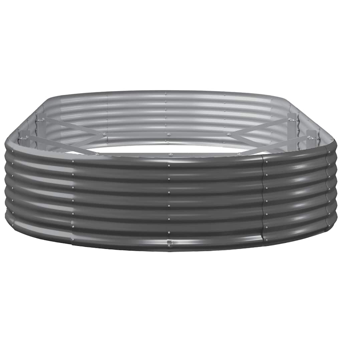 Ein graues, gewelltes Hochbeet aus Metall. Es ist oval geformt mit sichtbaren Nieten und einem inneren Stützrahmen.