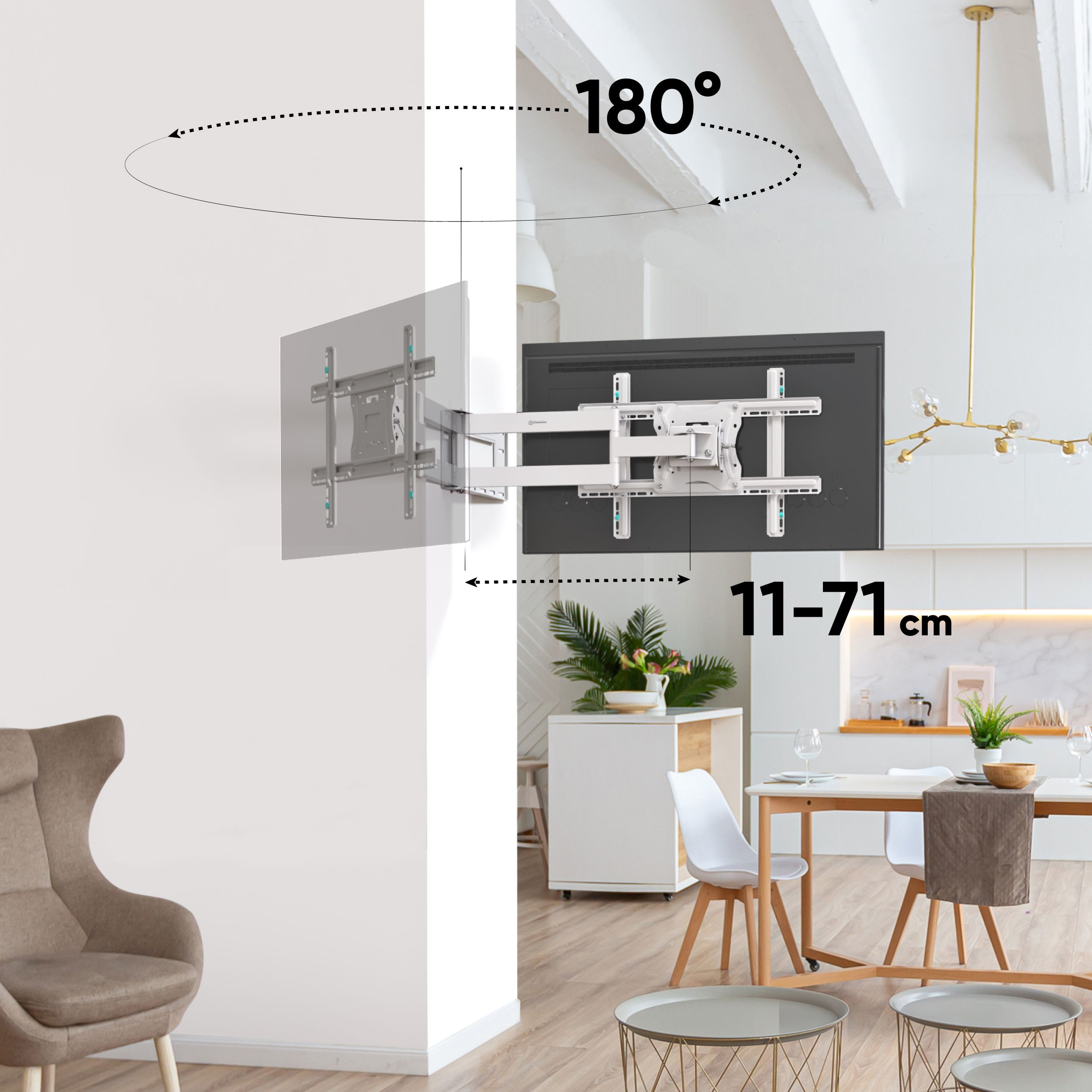 Uchwyt TV na ścianie z przymocowanym telewizorem. Uchwyt jest regulowany, z obrotem 180 stopni i zasięgiem 11-71 cm.