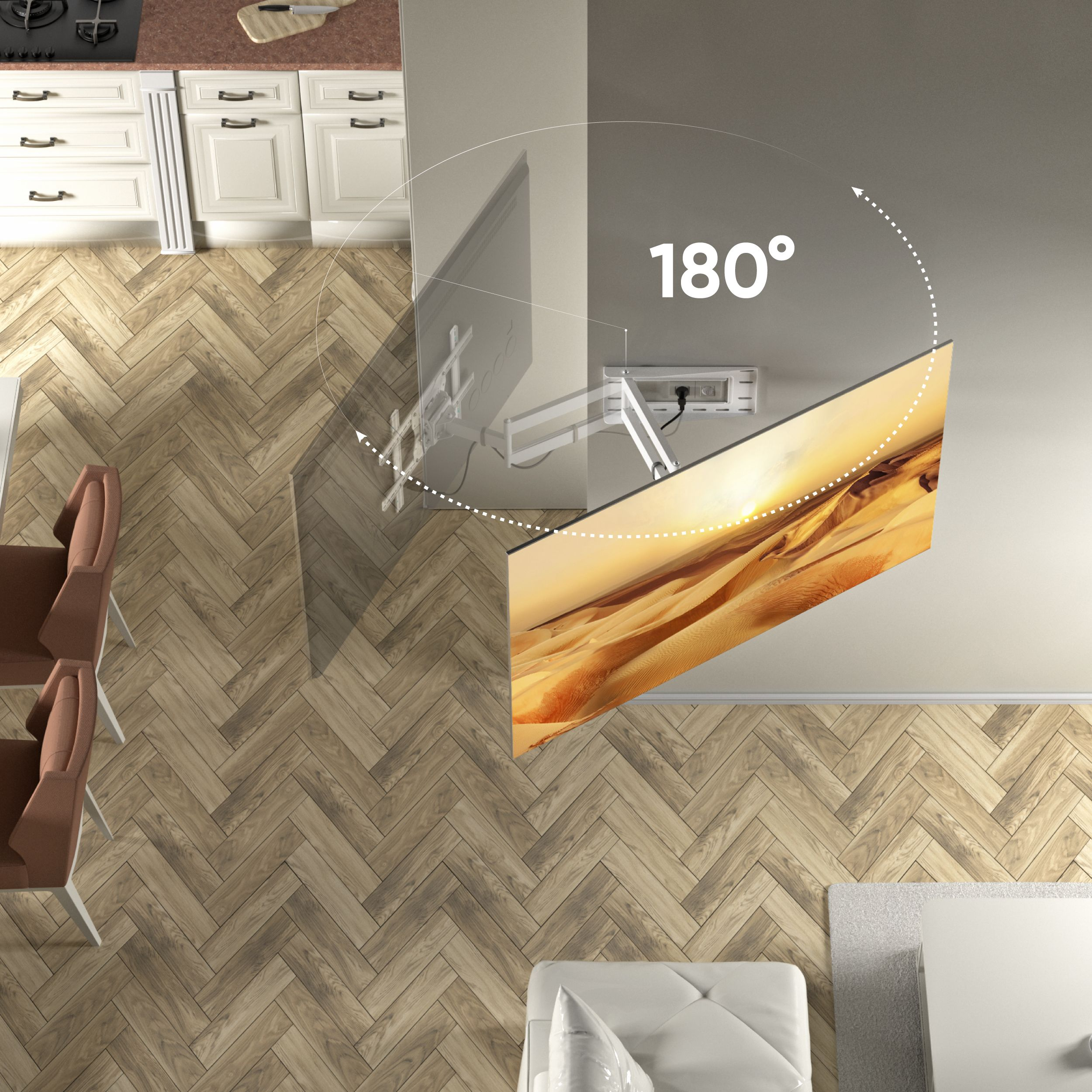 Telewizor zamontowany na ścianie pokazuje pustynię. Telewizor obraca się o 180 stopni. Drewniana podłoga, kuchnia i sofa również widoczne.