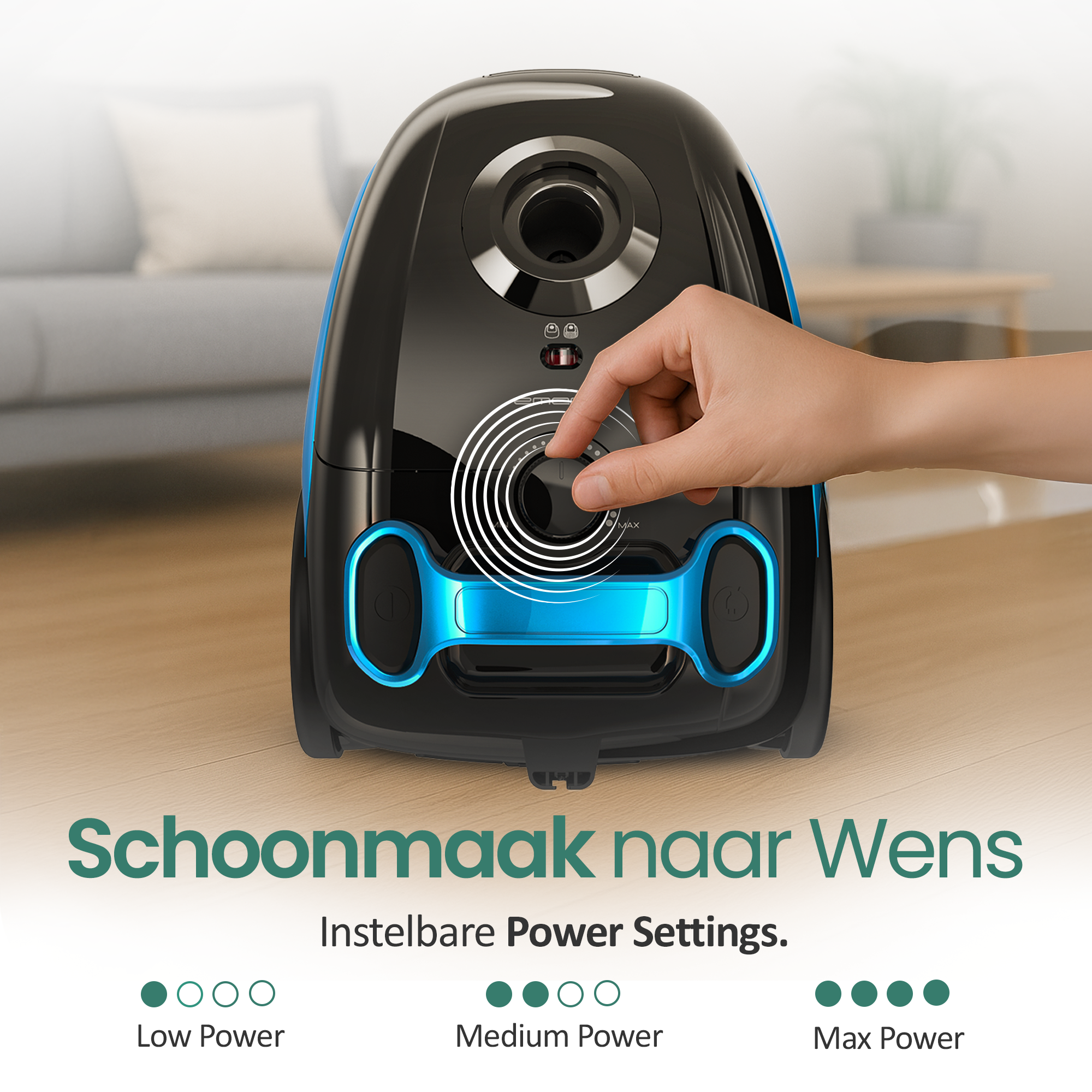 Czarny odkurzacz z niebieskimi akcentami, dłoń regulująca pokrętło mocy. Tekst: regulowane ustawienia mocy.