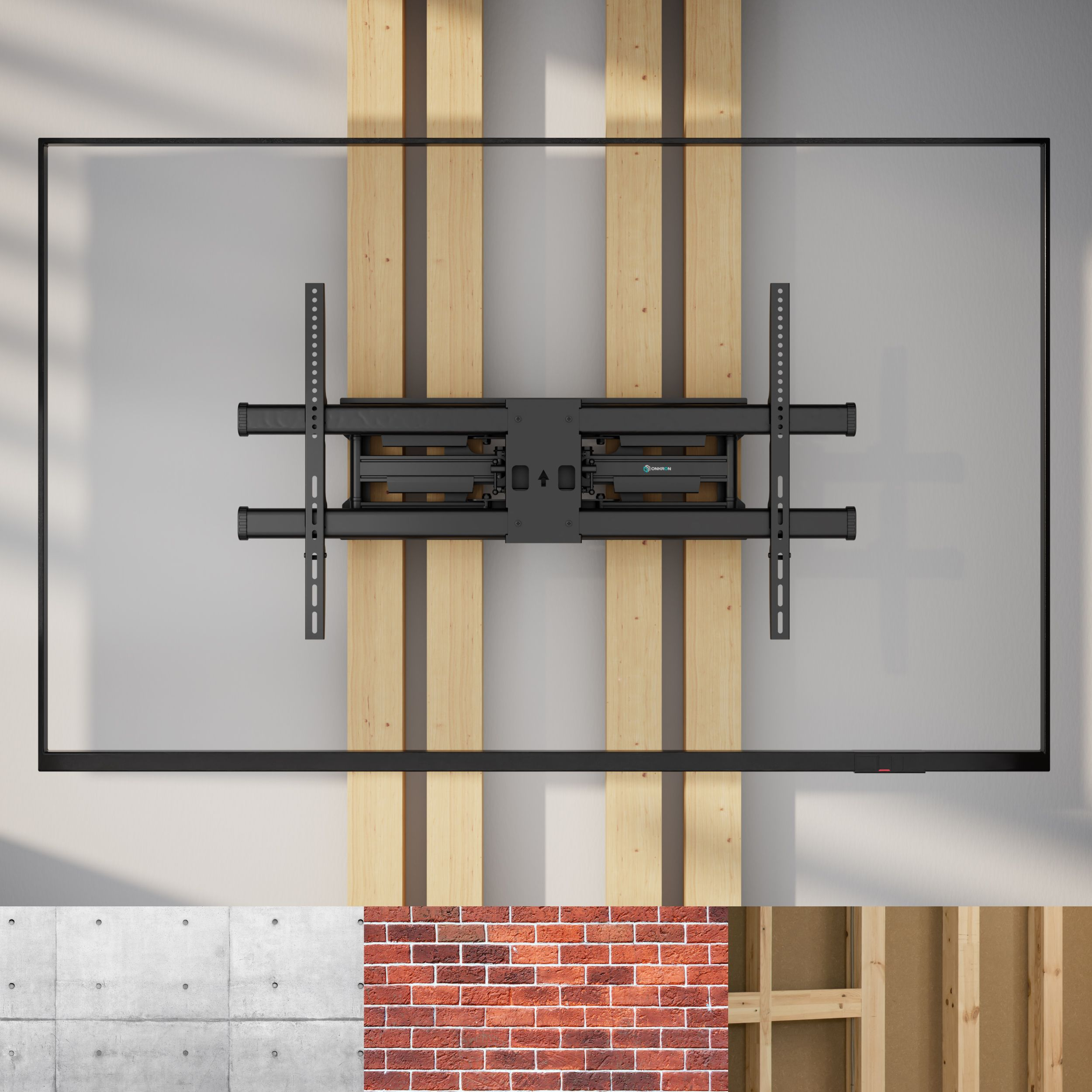 Czarny uchwyt TV jest zamontowany na ścianie z drewnianymi belkami. Tło przedstawia beton, cegłę i drewnianą konstrukcję.