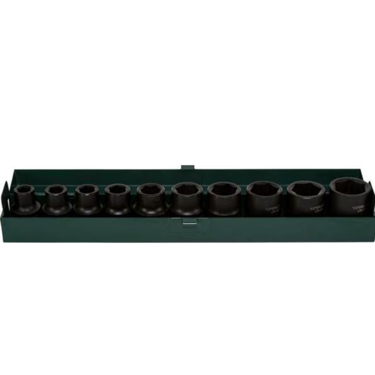 Un set di bussole nere in una scatola di metallo verde. Le bussole variano di dimensioni e sono disposte ordinatamente.