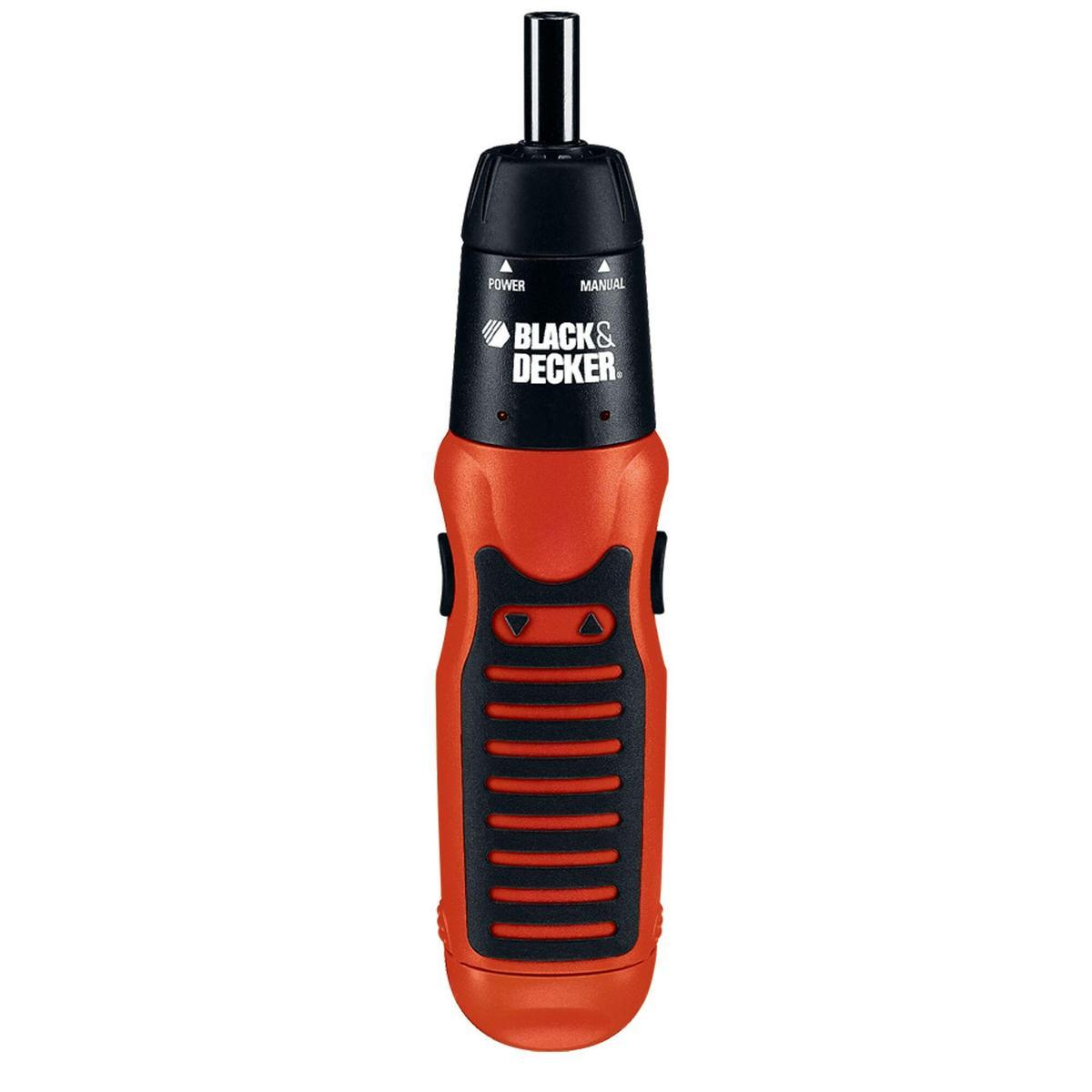 Un cacciavite elettrico nero e arancione Black & Decker. Ha impostazioni di alimentazione e manuali. La punta è nera e l'impugnatura ergonomica.