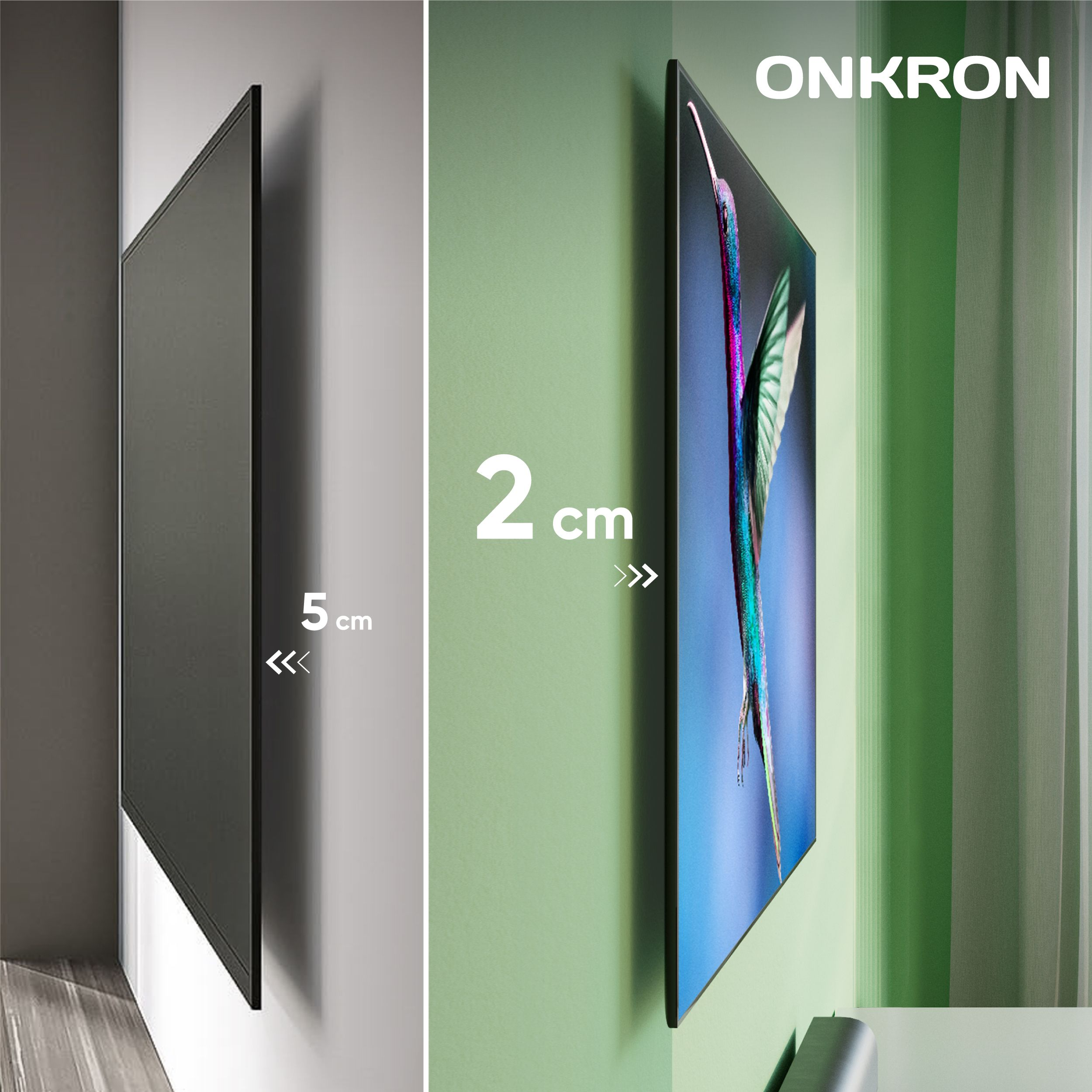 Obrazek pokazuje dwa telewizory zamontowane na ścianach. Jeden to widok z boku, pokazujący grubość. Drugi pokazuje kolorowy obraz.