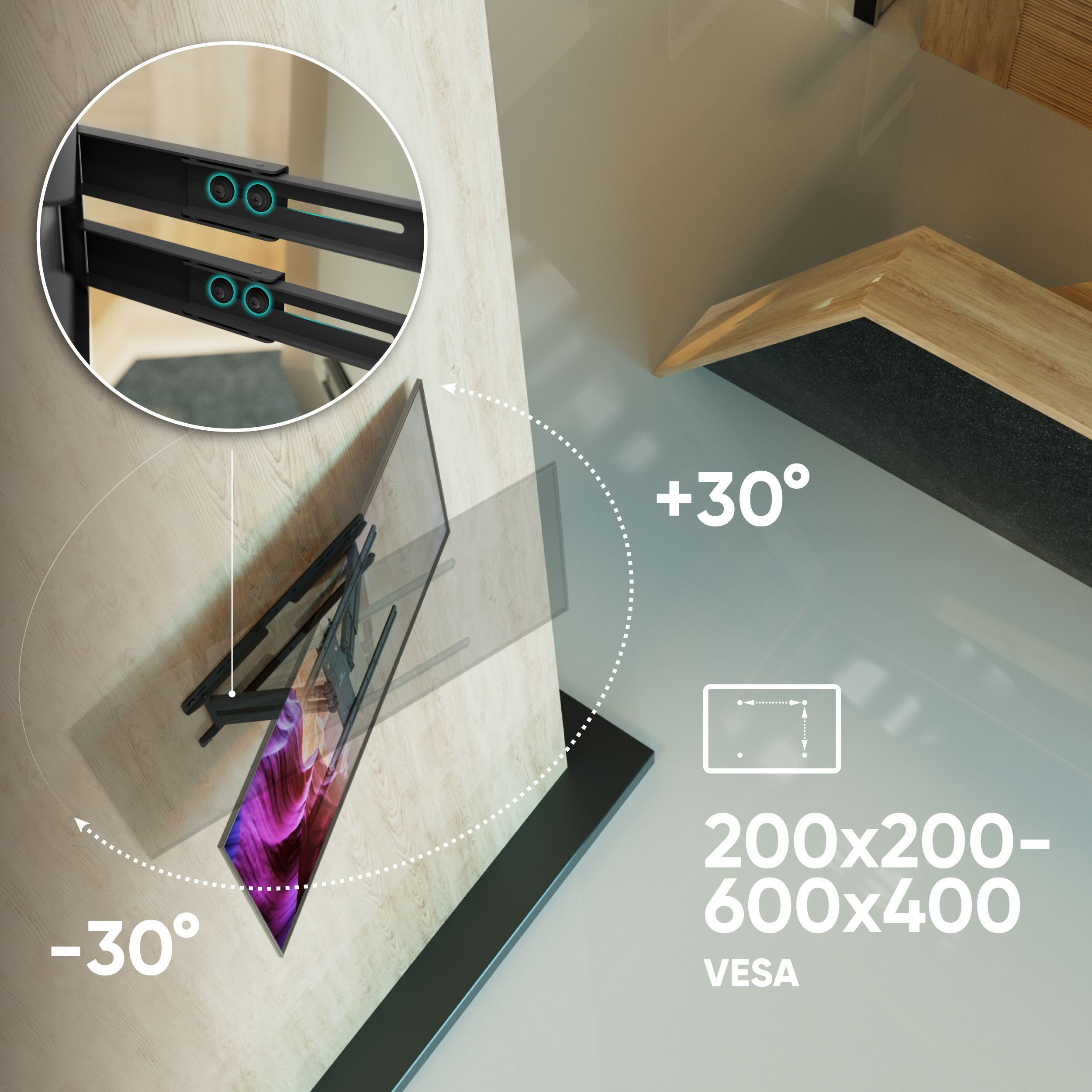 Uchwyt TV na ścianie. Pokazuje kąty obrotu i rozmiar VESA. Ekran TV wyświetla abstrakcyjną sztukę.