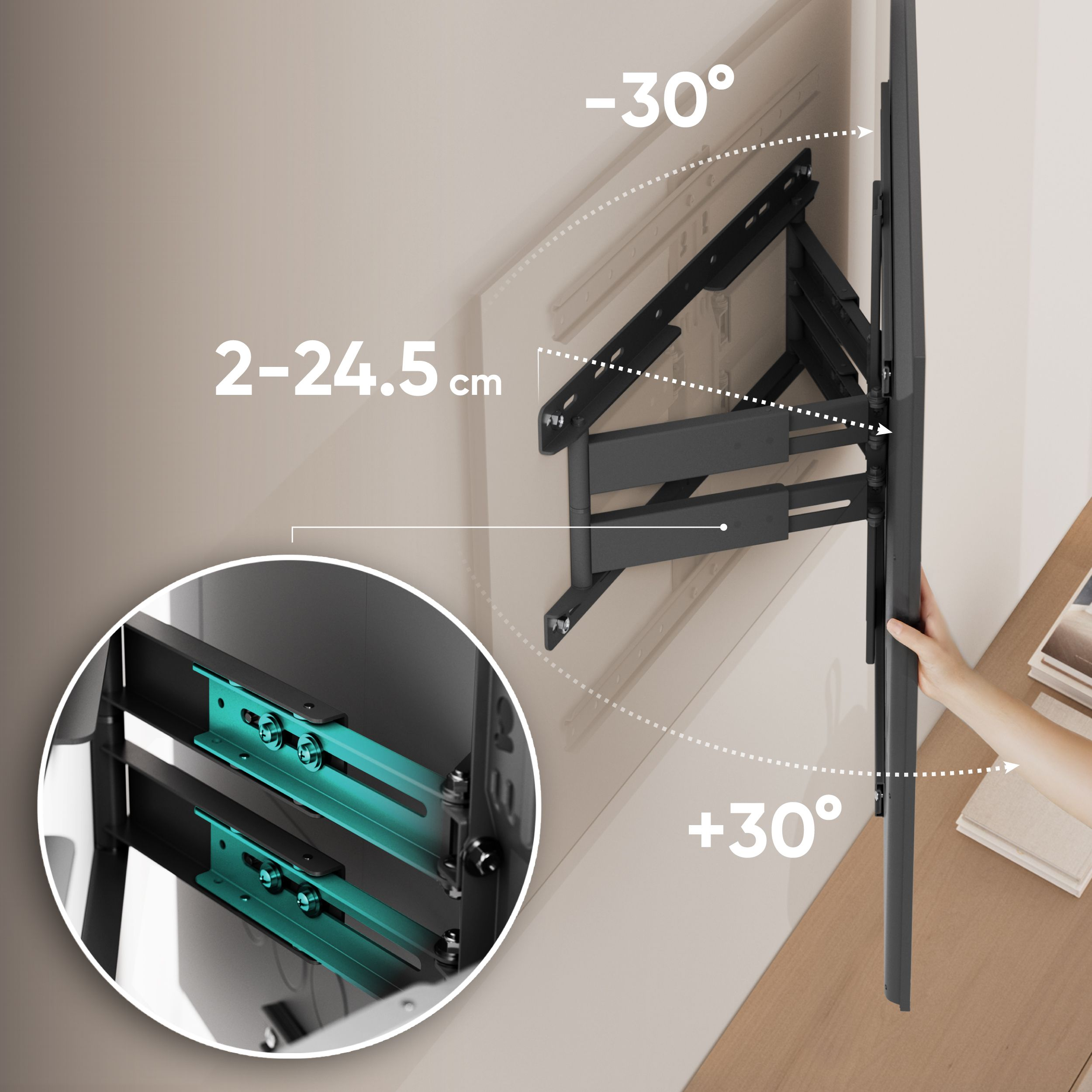 Telewizor zamontowany na uchwycie ściennym, ze wskazaniami kąta i wymiarami. Zbliżenie na szczegóły uchwytu.