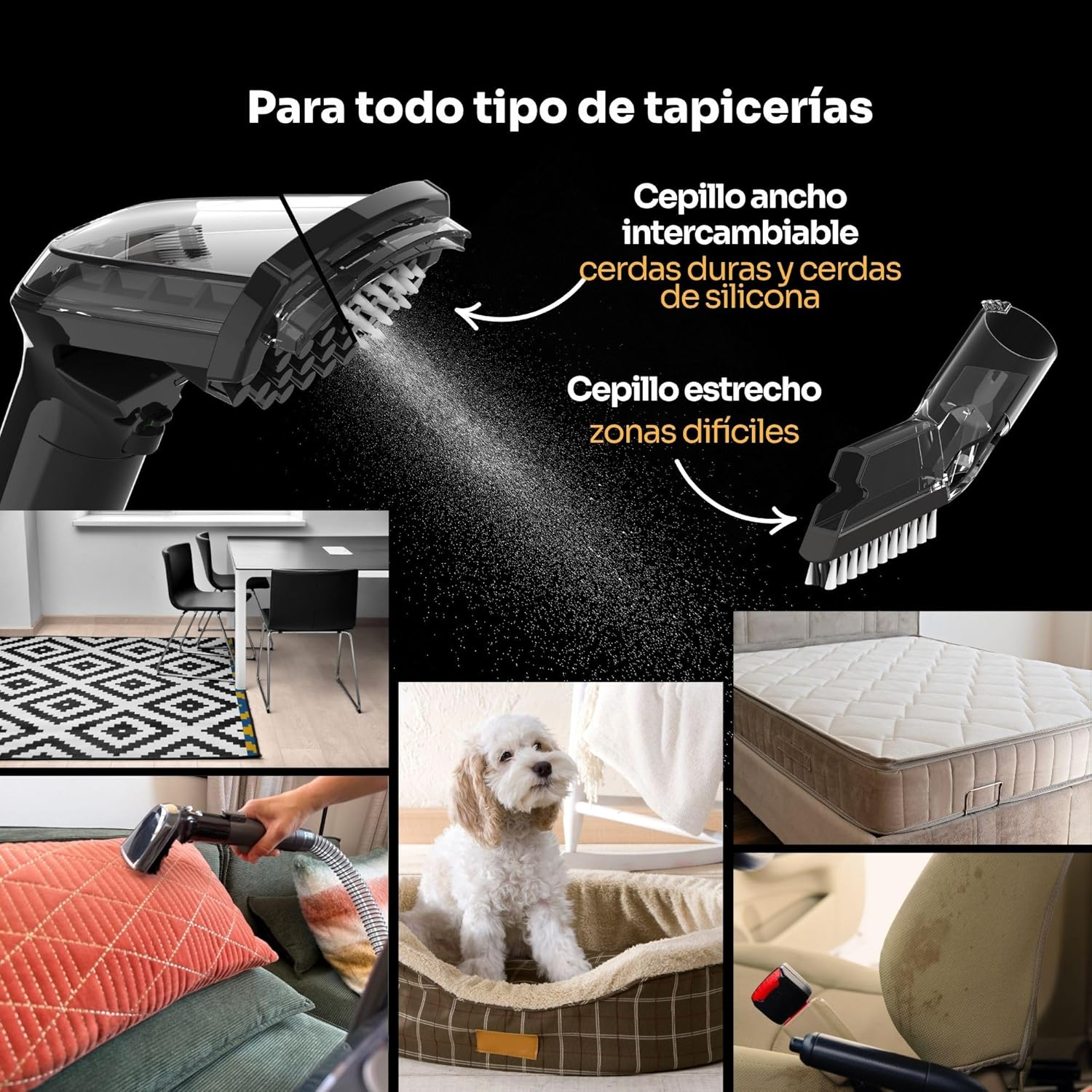 L'immagine mostra un dispositivo di pulizia con testine intercambiabili. Include un materasso, un cane in un letto, un sedile per auto e un tappeto.