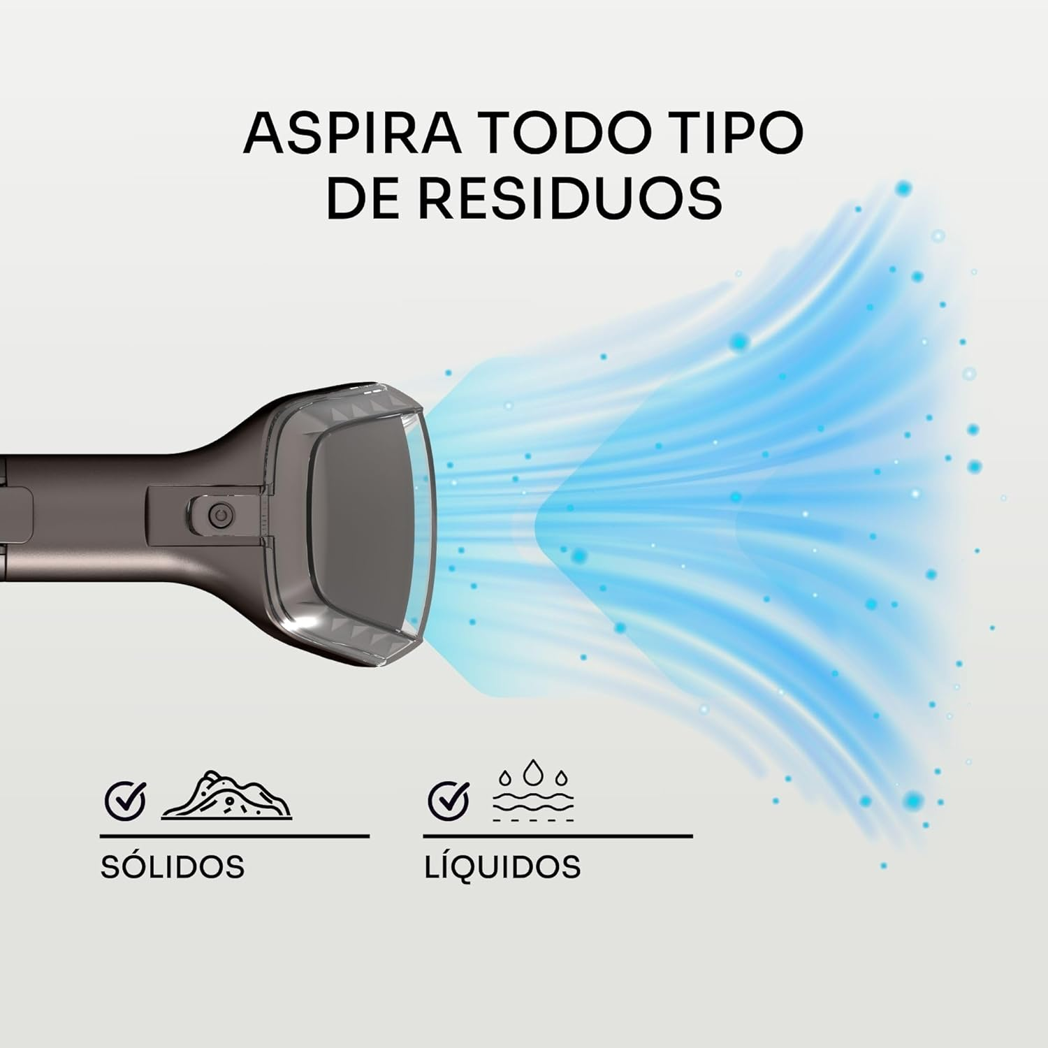 Testa dell'aspirapolvere con flusso d'aria blu, testo 'ASPIRA TODO TIPO DE RESIDUOS', icone per solidi e liquidi.