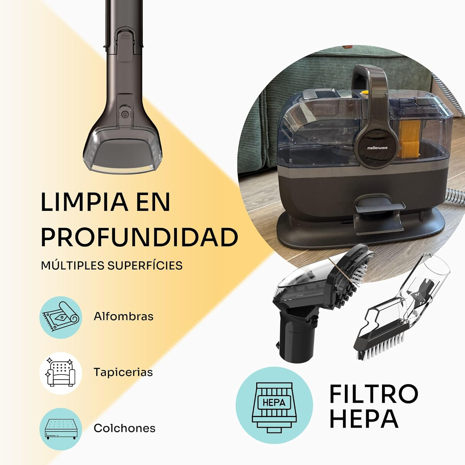 L'immagine mostra un dispositivo di pulizia con accessori, testo in spagnolo per la pulizia profonda su superfici come tappeti, tappezzeria e materassi.