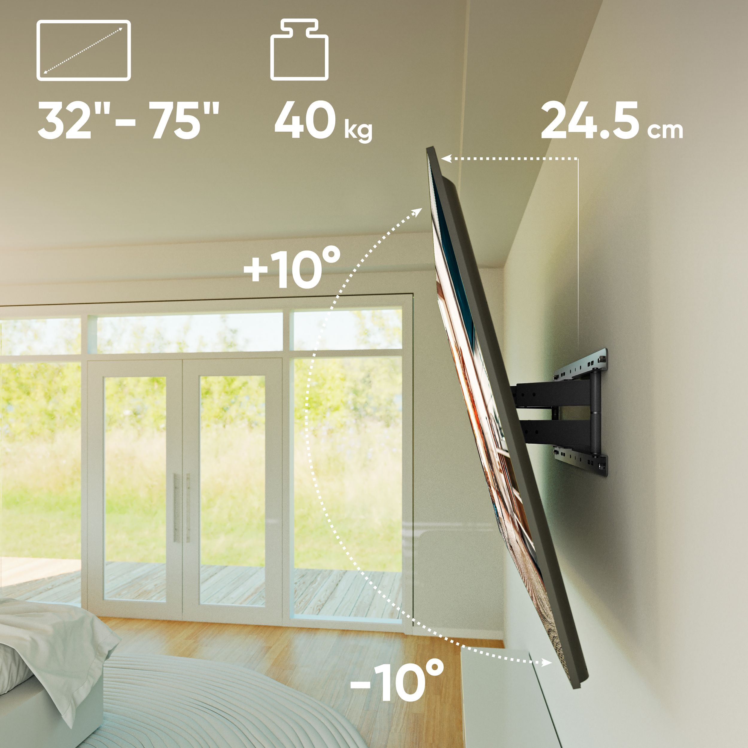 Telewizor jest zamontowany na ścianie. Jest blisko okna. W pokoju znajduje się łóżko i dywan.