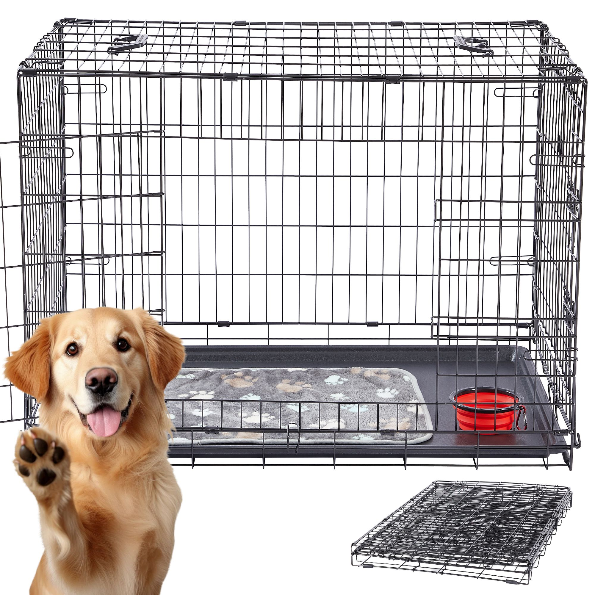 Ein goldener Retriever winkt mit der Pfote neben einer offenen schwarzen Metallhundebox mit Bett und roter Schüssel.