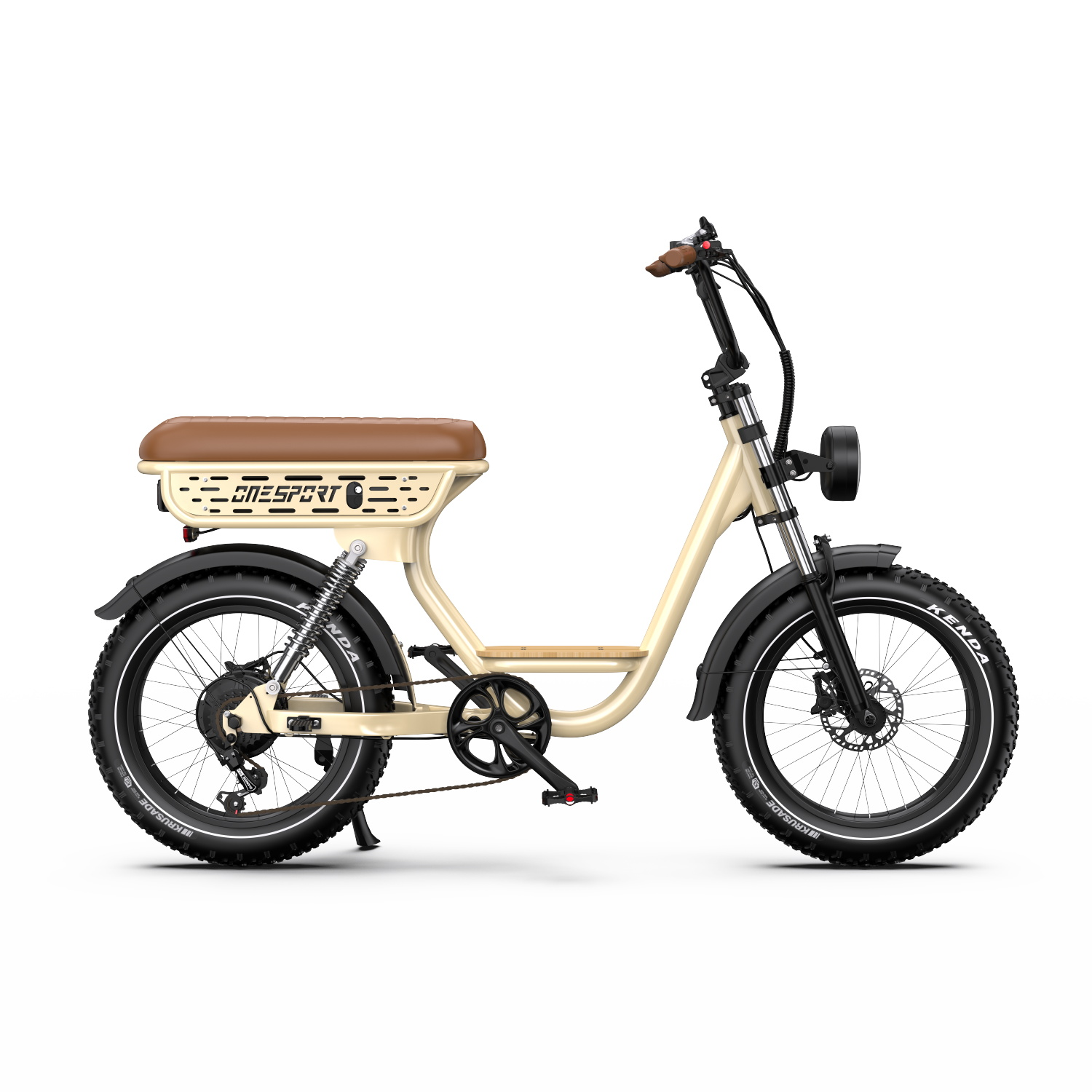 Una bicicleta eléctrica con cuadro crema, neumáticos negros y asiento marrón. Tiene faro y logo "GOMESPORT".