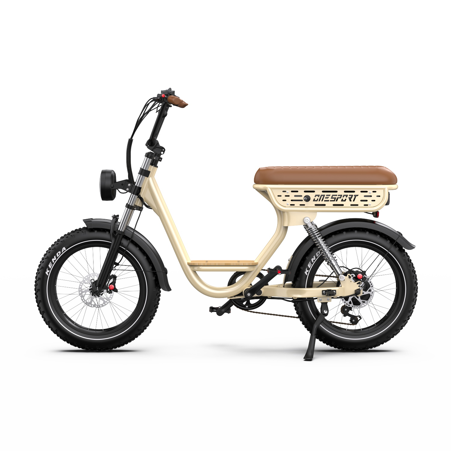 Bicicleta eléctrica crema. Cuenta con neumáticos negros, asiento y manillar marrones. Tiene la marca ONESPORT en el asiento.