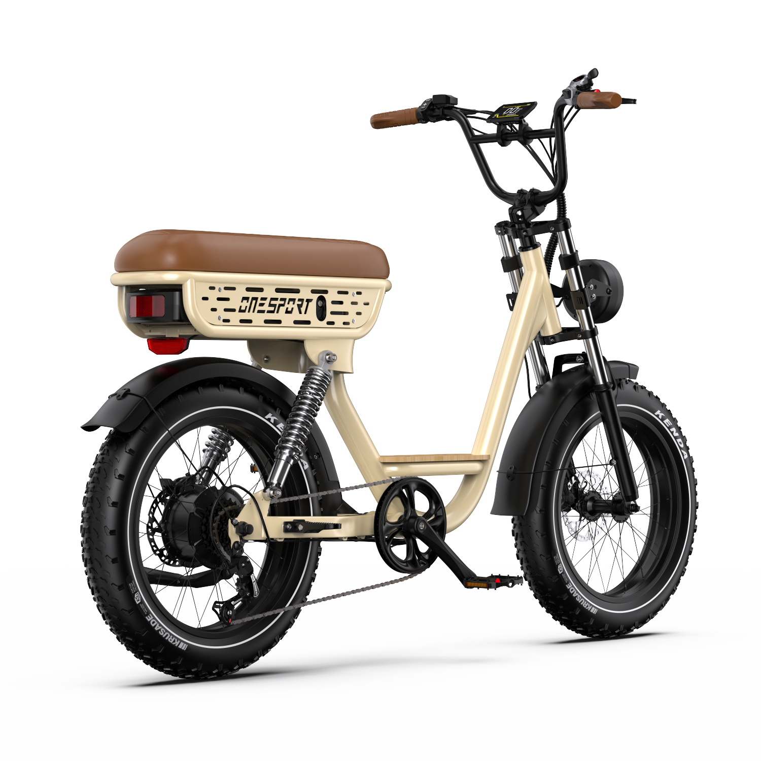 Bicicleta eléctrica color crema con asiento y manillar marrones. Llantas negras con letras blancas. La bicicleta está sobre un fondo blanco.