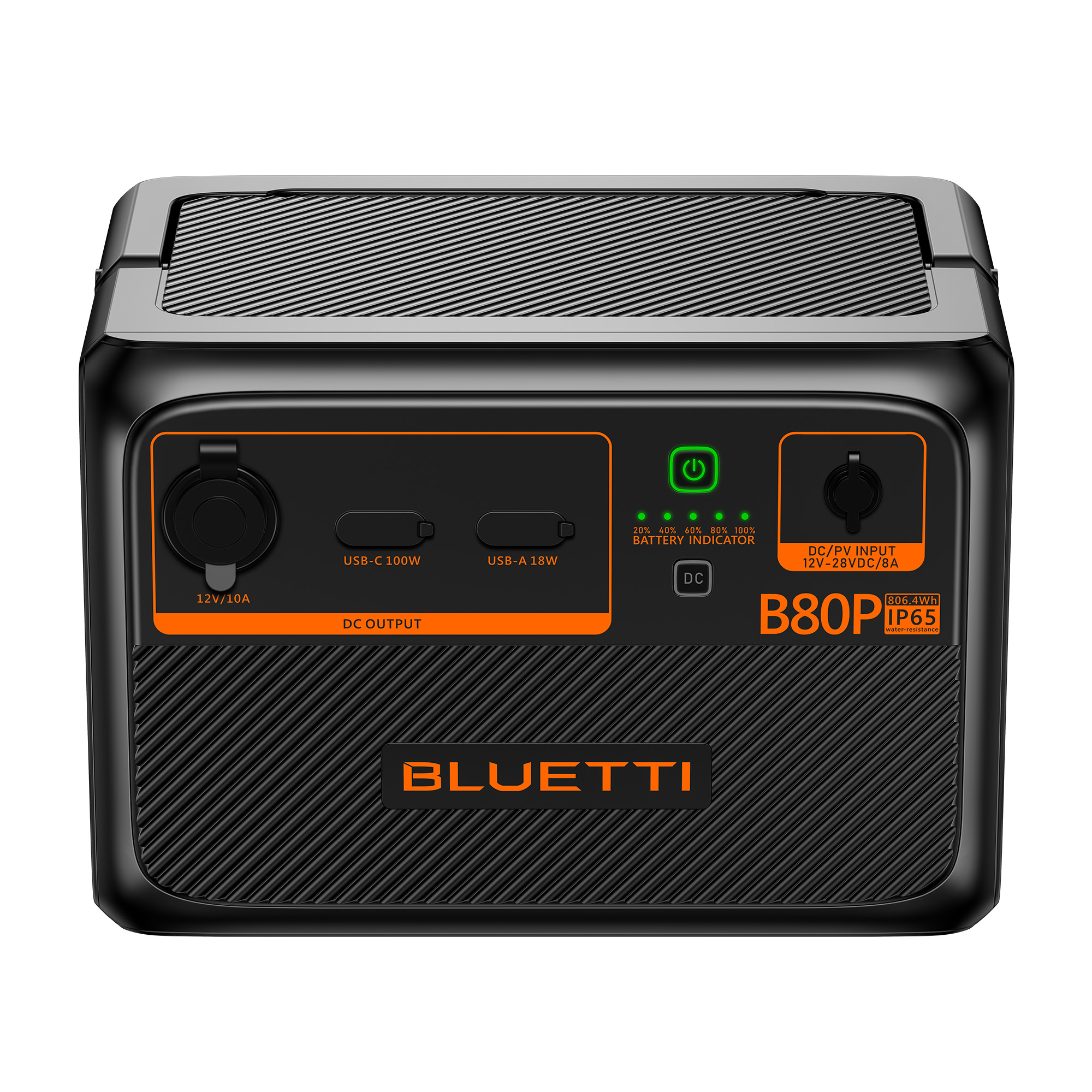 Centrale elettrica Bluetti B80P nera. Include uscita CC, porte USB, indicatore batteria e ingresso CC/FV.