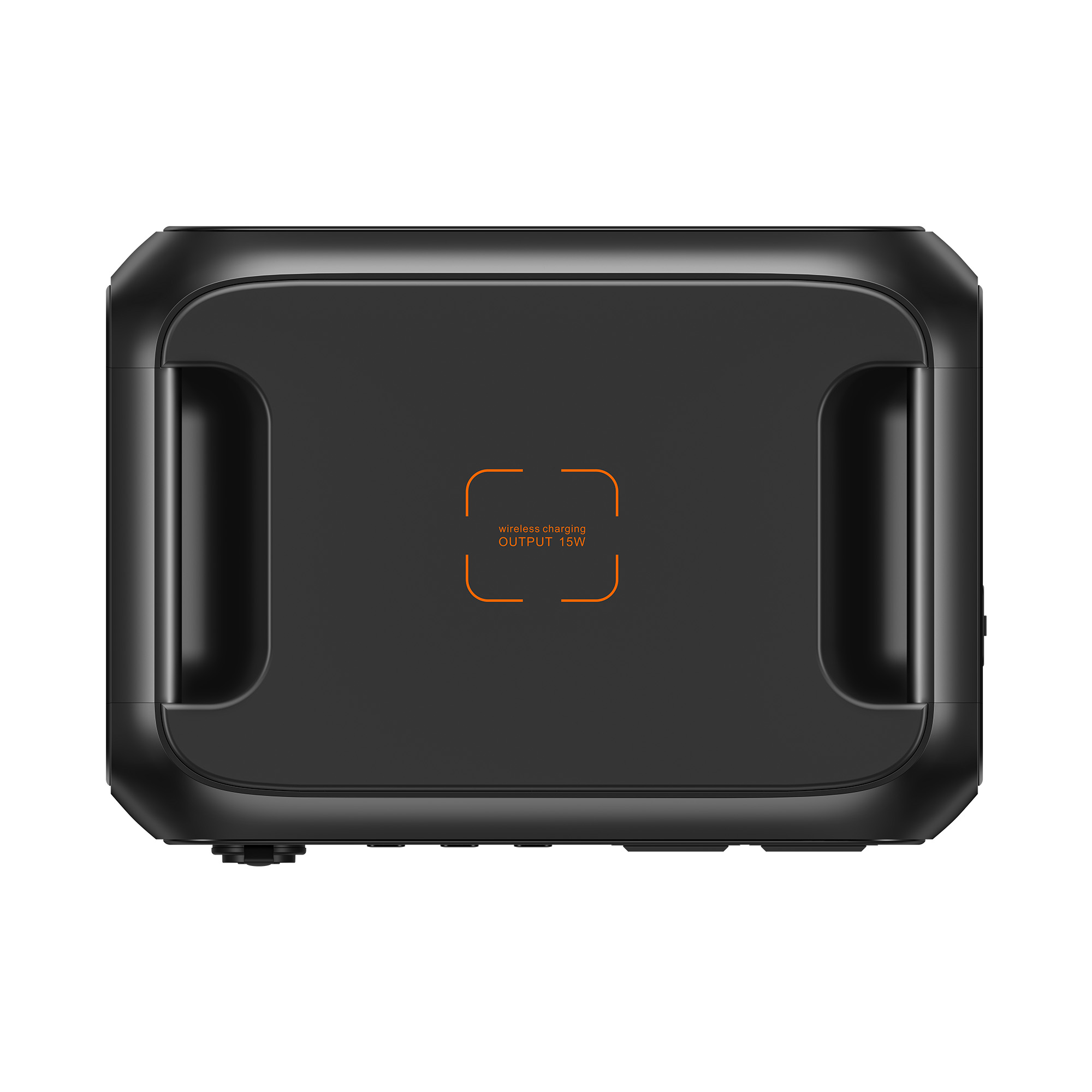 Czarne prostokątne urządzenie z zaokrąglonymi krawędziami. Posiada uchwyty po bokach i wyjście ładowania bezprzewodowego (15W) z przodu.