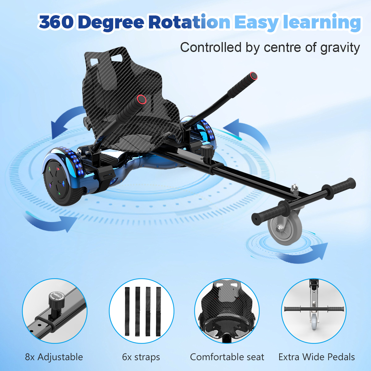 Un hoverboard con asiento y manillar. Incluye 8 piezas ajustables, 6 correas, asiento cómodo y pedales extra anchos.