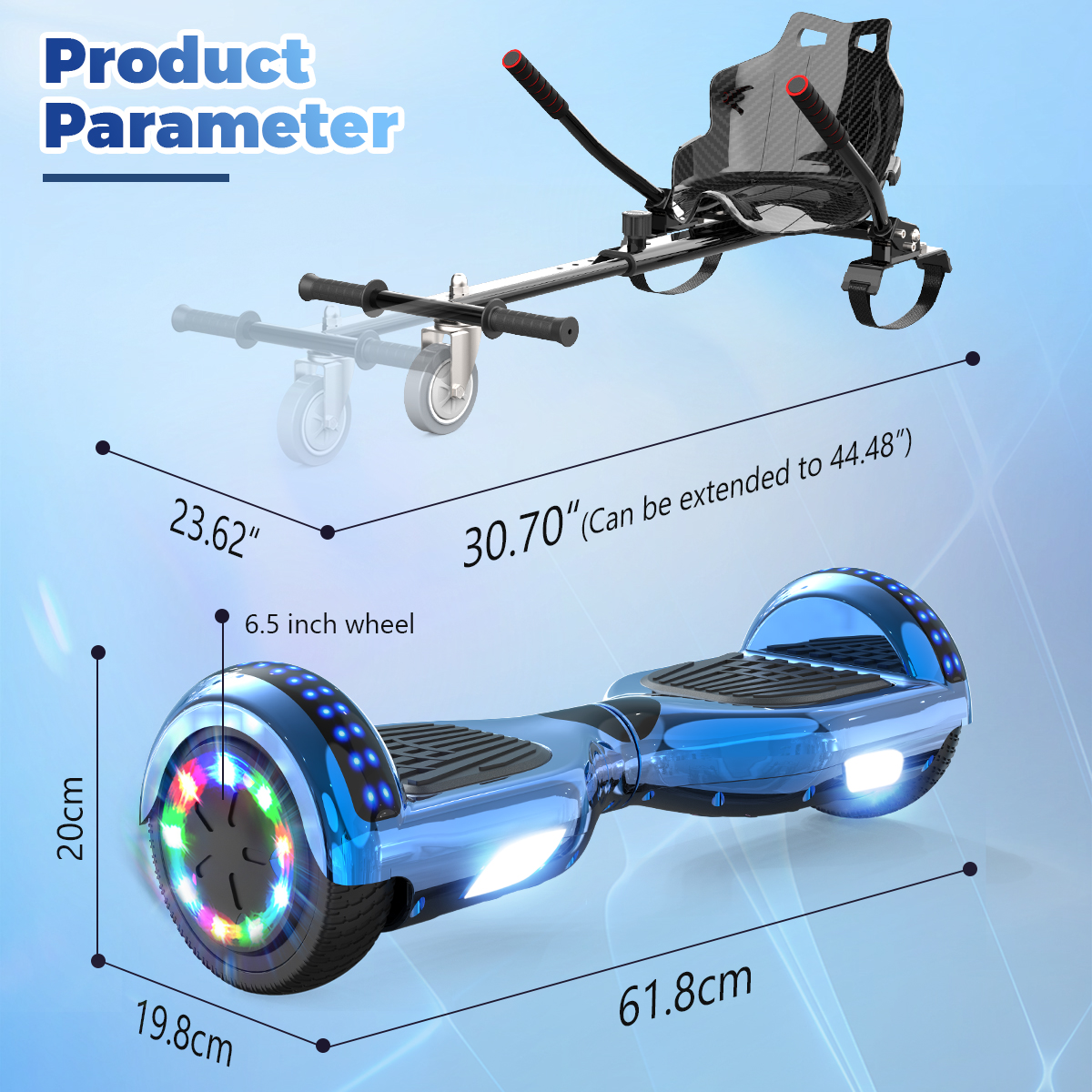 Een blauw hoverboard met een zitbevestiging wordt getoond met afmetingen. 6,5 inch wiel, 20 cm, 19,8 cm en 61,8 cm.