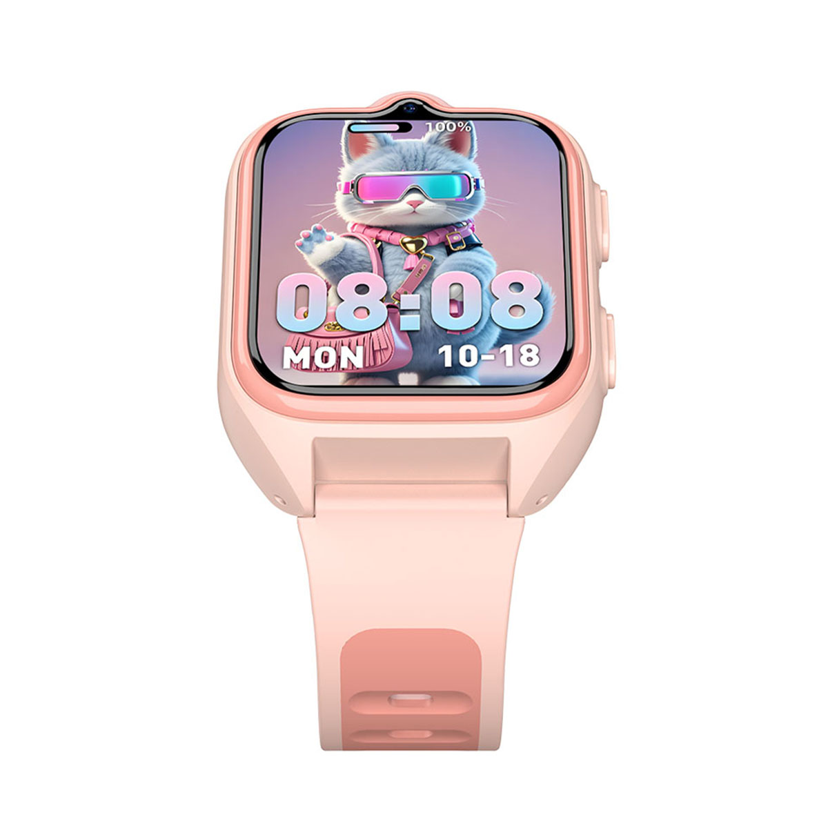 Różowy smartwatch z kotem na ekranie w okularach przeciwsłonecznych. Godzina 08:08, poniedziałek 18 października. Zegarek ma różowy pasek.