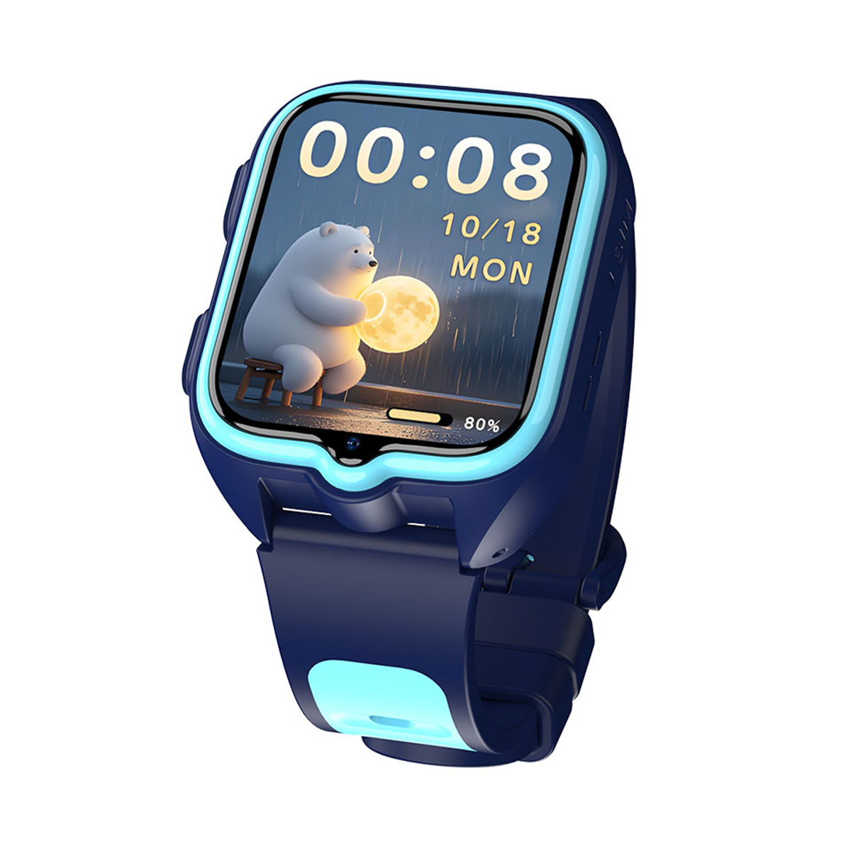 Un reloj inteligente muestra un oso sosteniendo una luna. La pantalla muestra la hora y la fecha. Es azul y azul oscuro con un borde azul claro.