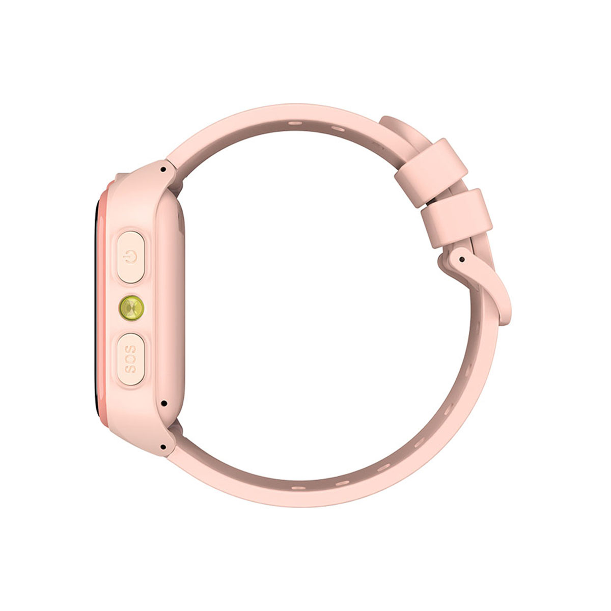 Różowy smartwatch z okrągłą opaską. Tarcza ma przyciski. Opaska jest połączona z korpusem zegarka.