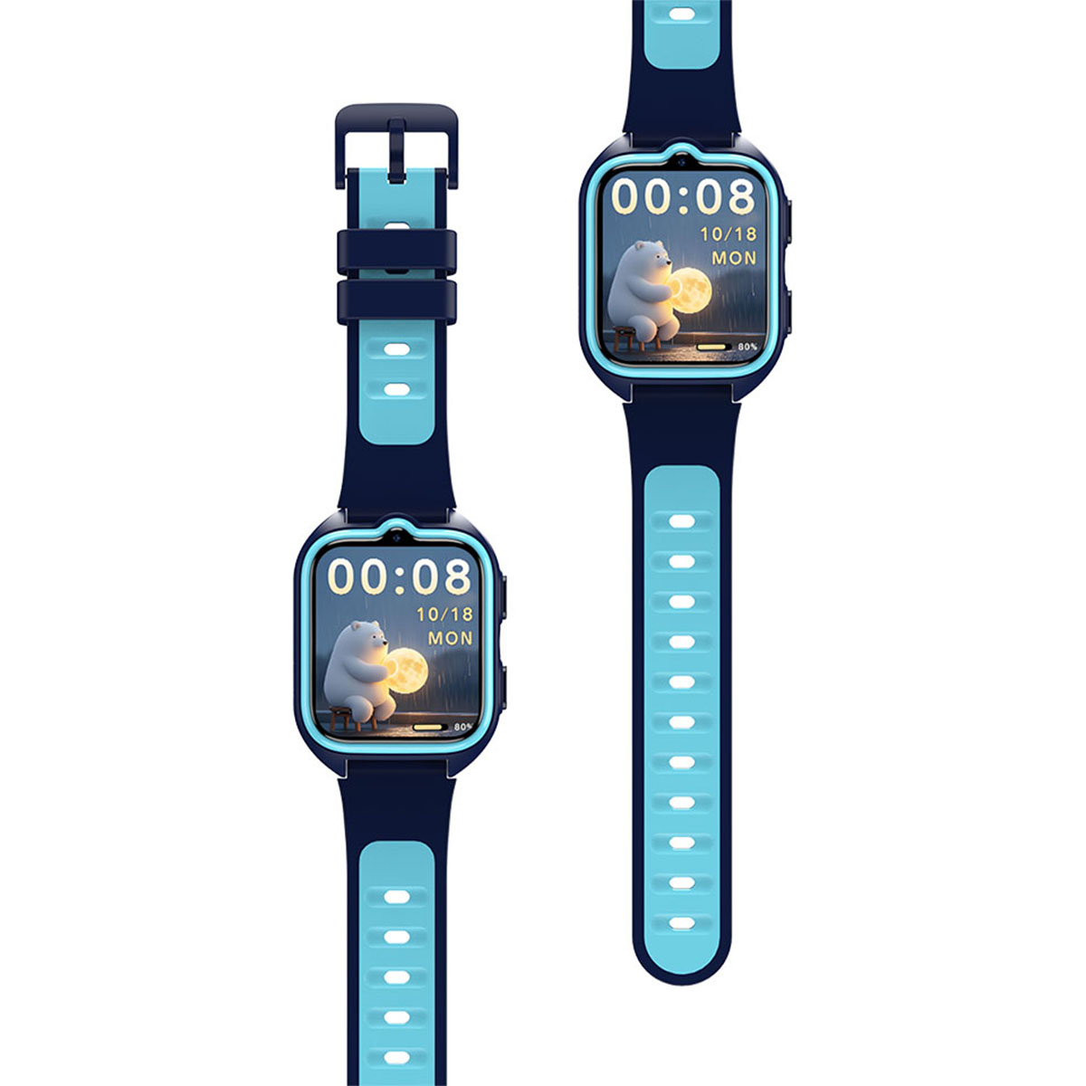 Dos relojes inteligentes azules. Cada uno muestra un oso con una luna, hora y fecha. Las correas son azules y tienen agujeros rectangulares.