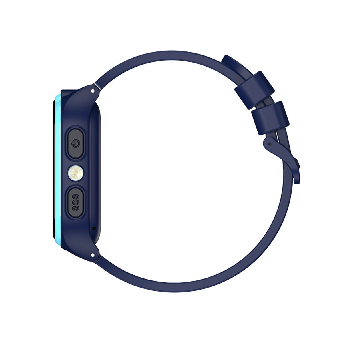 Un reloj inteligente azul marino con pantalla azul claro. Tiene una correa curva y botones laterales. El fondo es blanco.