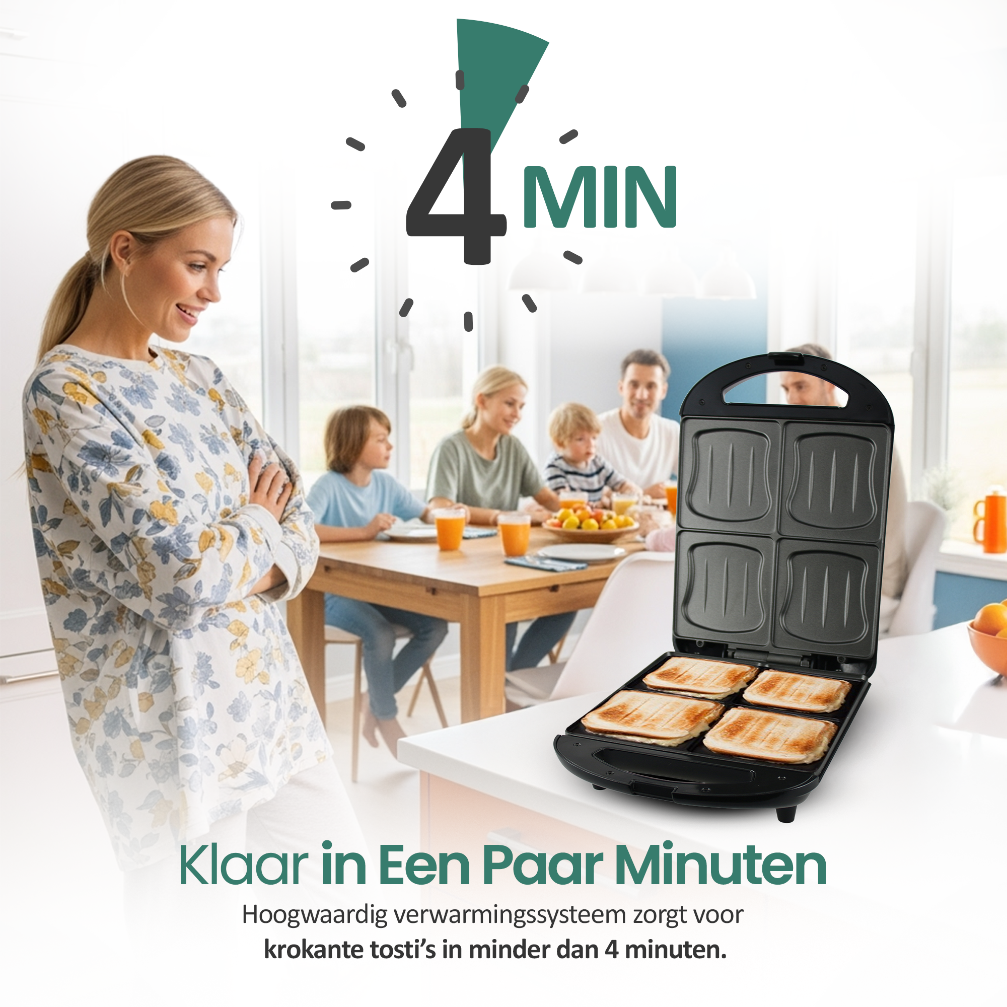 A woman watches a sandwich maker with four toasted sandwiches. A family is in the background, and a clock graphic says 4 MIN.
