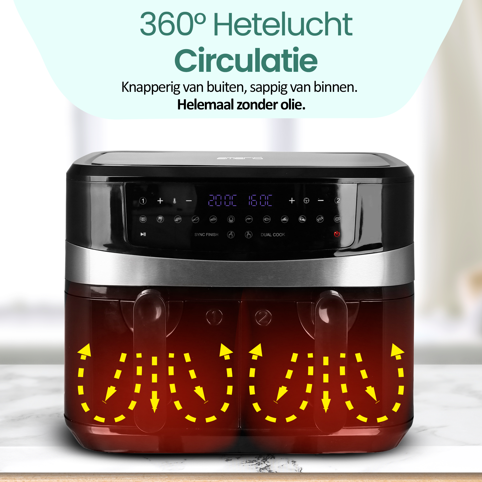 Frytownica beztłuszczowa, czarna i brązowa, na marmurowej powierzchni. Tekst: 360° Hetelucht Circulatie.