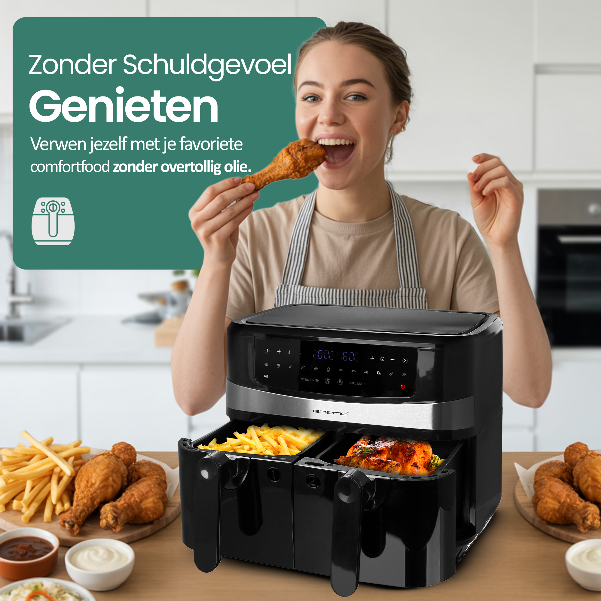 Kobieta je smażonego kurczaka, obok frytownicy powietrznej. Frytki i więcej kurczaka na stole.