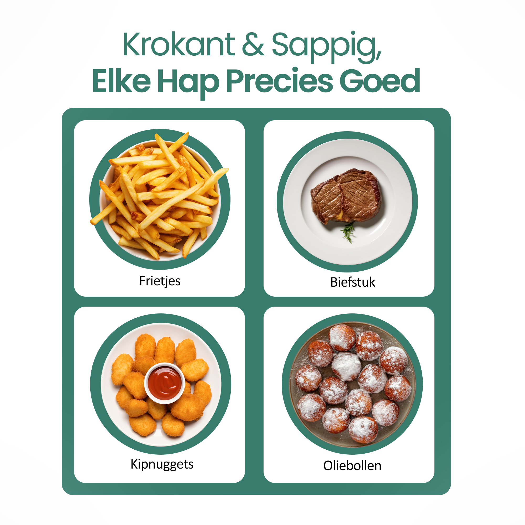 Obraz przedstawia cztery produkty spożywcze: frytki, stek, nuggetsy z kurczaka z ketchupem i oliebollen (holenderskie pączki).