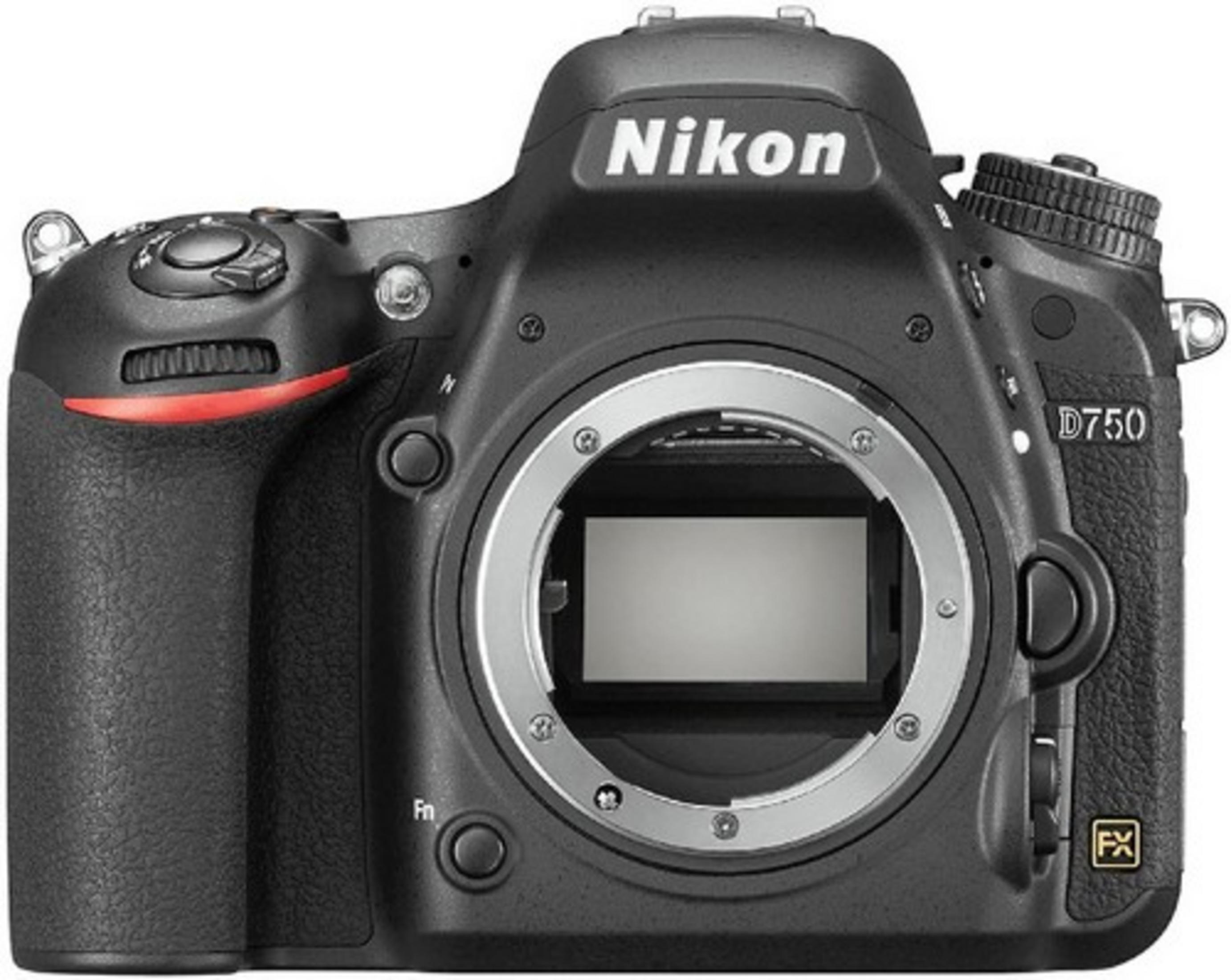 Schwarze Nikon D750 Kamera. Sie hat Objektivanschluss, Knöpfe und Räder. Das Nikon-Logo ist sichtbar.