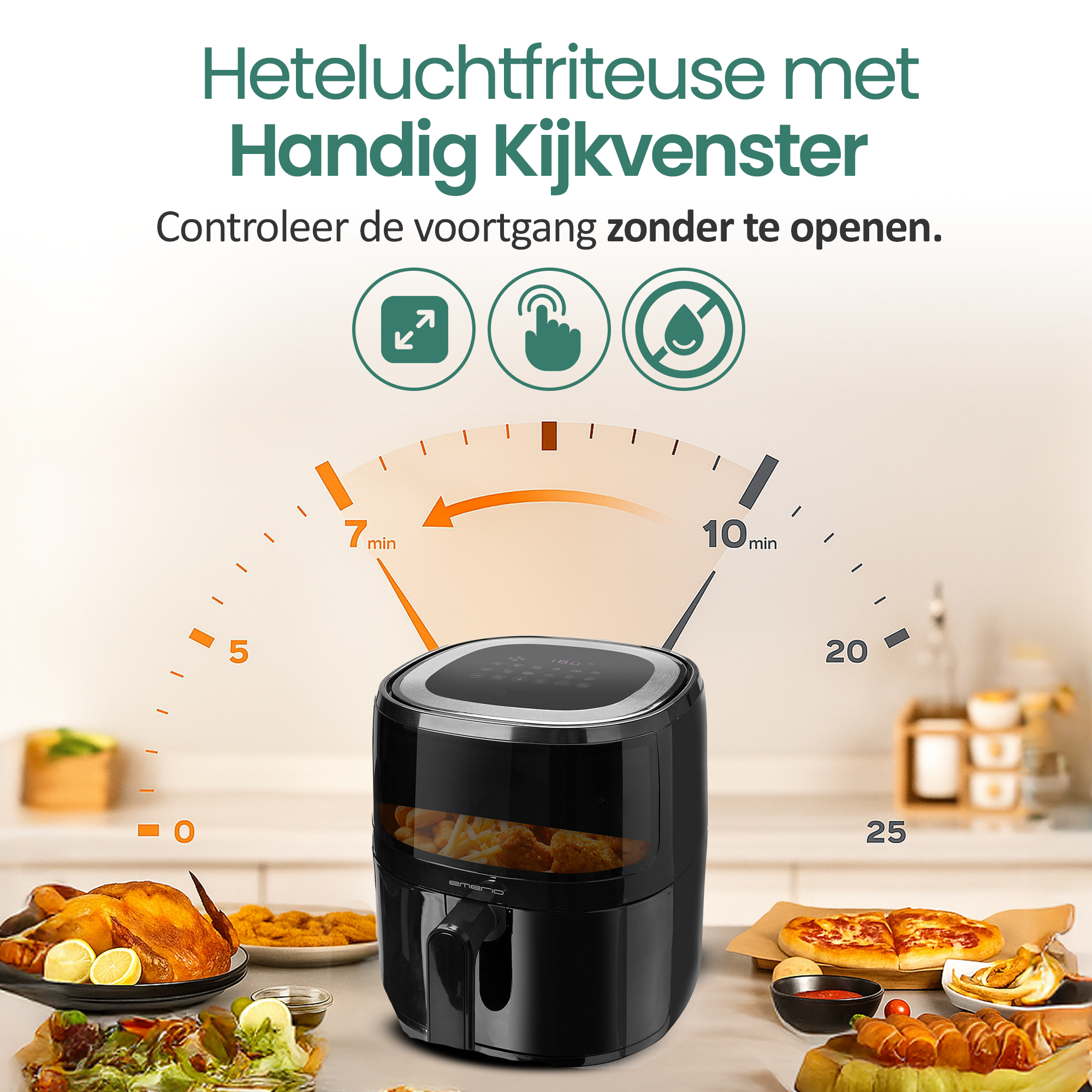 Czarna frytkownica powietrzna z timerem, otoczona gotowym jedzeniem. Tekst: Heteluchtfriteuse met Handig Kijkvenster, Controleer de voortgang zonder te openen.