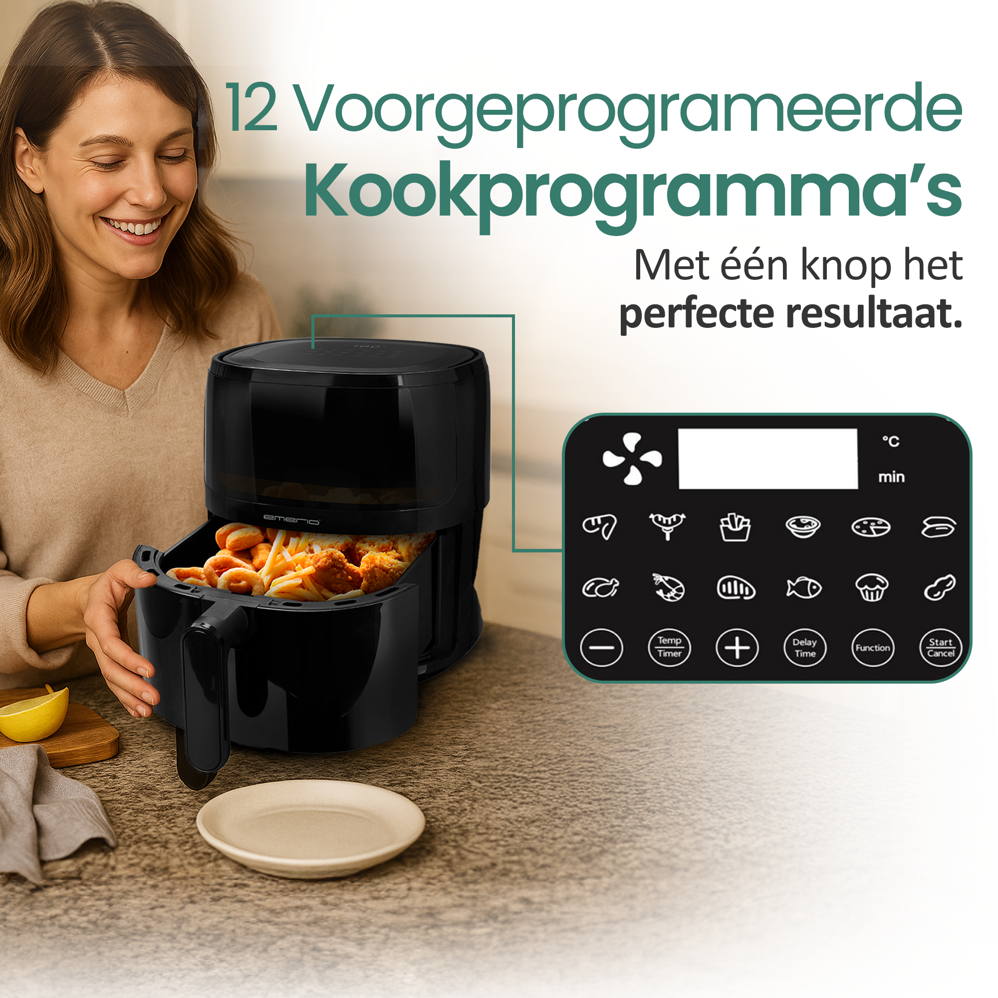 Kobieta się uśmiecha, używa czarnej frytownicy powietrznej z jedzeniem w środku. Panel sterowania pokazuje ustawienia. Tekst: 12 programów.