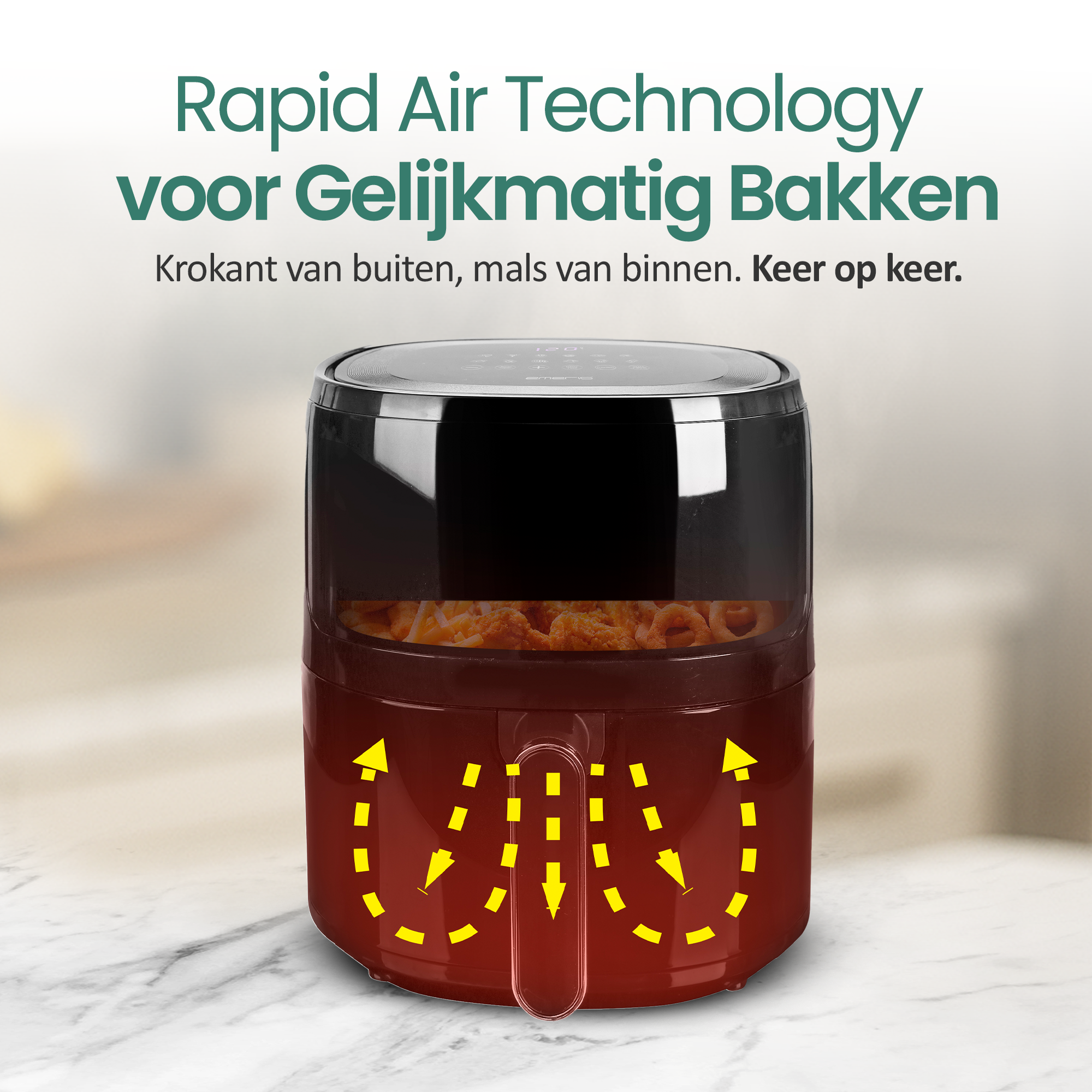 Pokazano frytkownicę powietrzną. Ma czarną górę i czerwoną dolną część. Tekst w języku niderlandzkim mówi 'Rapid Air Technology'.