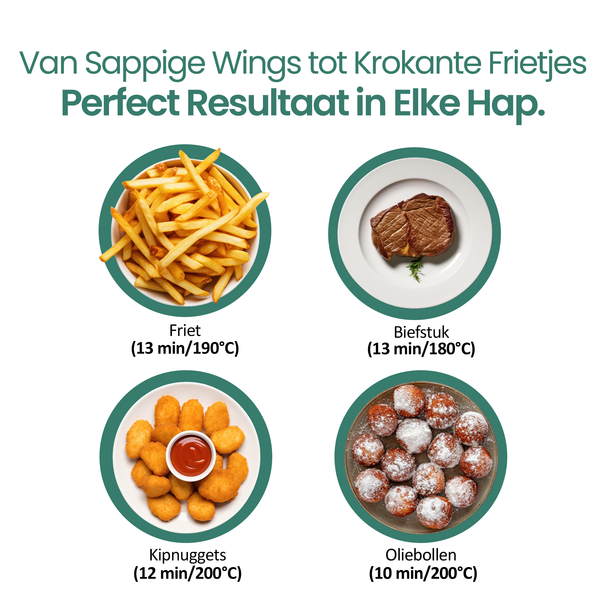 Obraz przedstawia cztery dania: frytki, stek, nuggetsy z kurczaka z ketchupem i oliebollen, każde na osobnym talerzu.