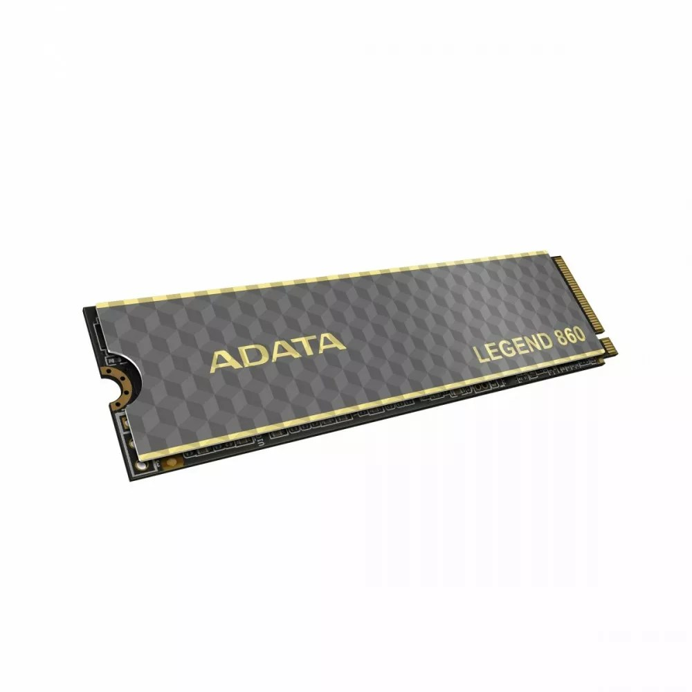 ADATA Legend 860 SSD. Szaro-złota kolorystyka. Widoczna nazwa marki i modelu. Wyizolowany na białym tle.