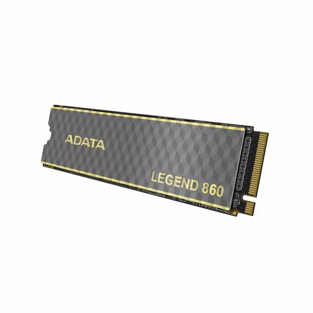 Dysk SSD ADATA Legend 860 na białym tle. Ma szarą, wzorzystą powierzchnię ze złotymi krawędziami i pinami złącza na jednym końcu.