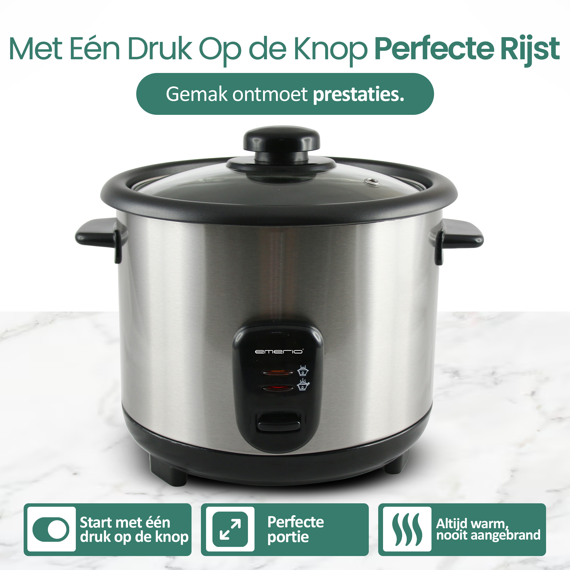 Een roestvrijstalen rijstkoker met glazen deksel. Nederlandse tekst luidt 'Perfecte Rijst met één druk op de knop'. Kenmerken: 'Perfecte portie'.