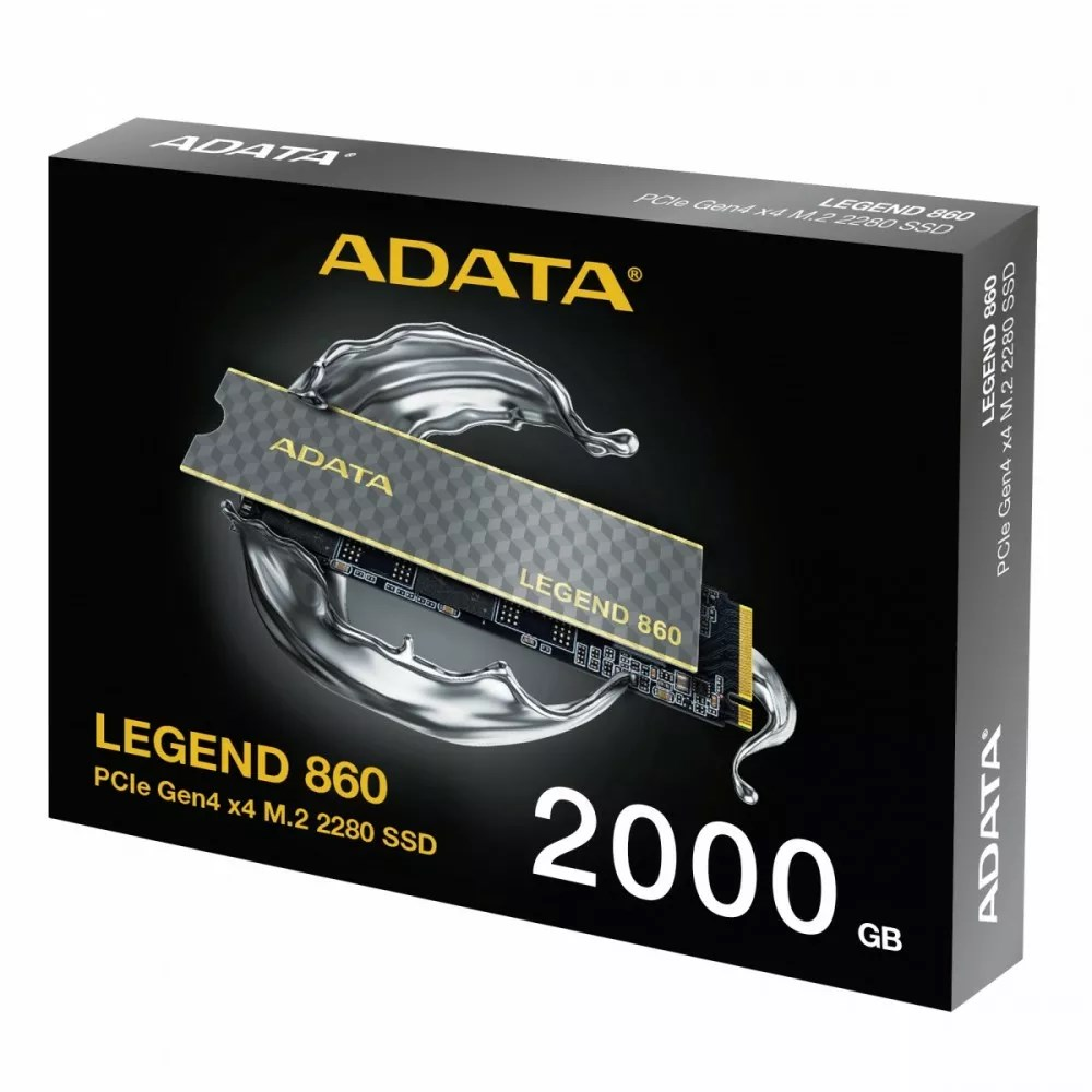 Pudełko SSD ADATA Legend 860. Czarne ze srebrnym wzorem rozprysku. Karta SSD widoczna. Tekst: 2000 GB, Legend 860, PCIe Gen4 x4 M.2 2280.