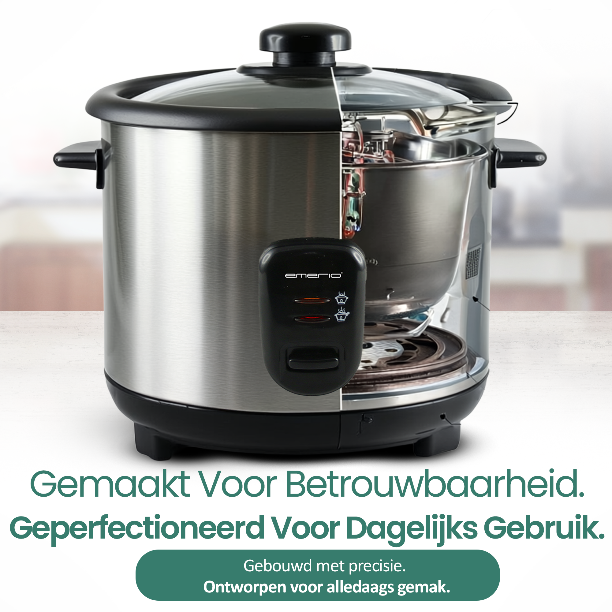 Een roestvrijstalen rijstkoker met een transparante deksel wordt getoond. De zijkant onthult de interne componenten. Zwart bedieningspaneel en basis.