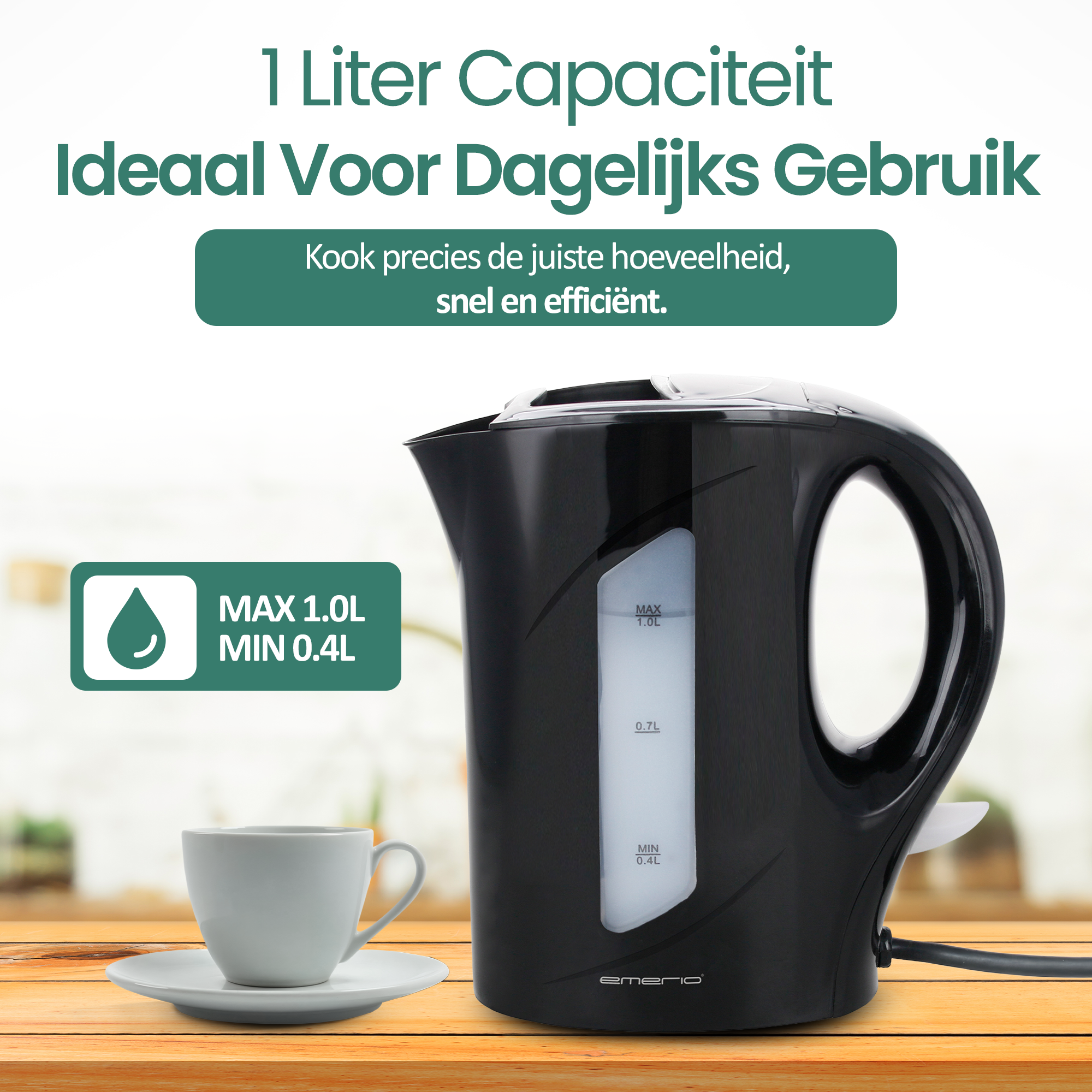 Une bouilloire électrique noire avec une tasse et une soucoupe blanches à côté. Le texte indique une capacité de 1 litre, idéale pour un usage quotidien.
