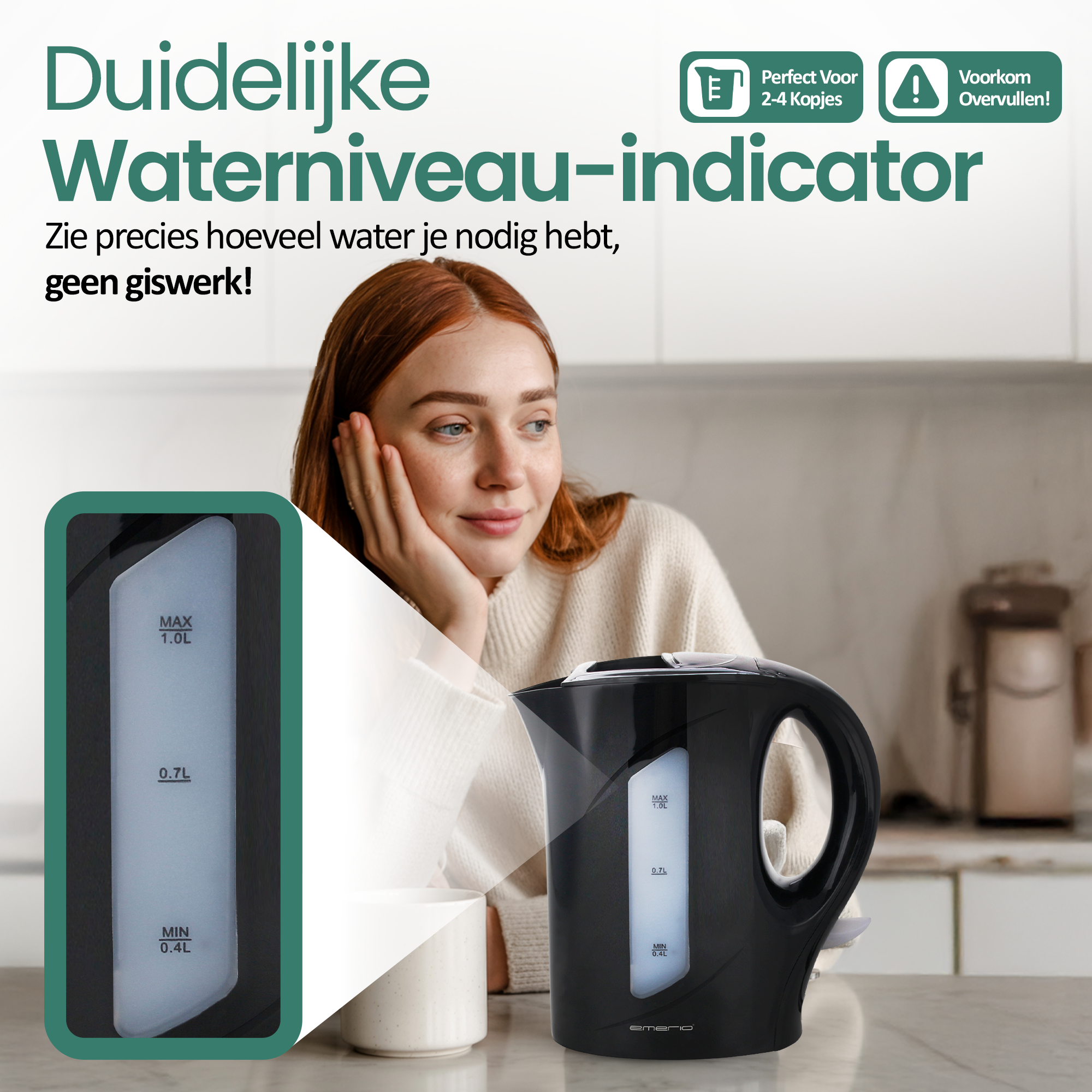 L'image montre une bouilloire noire avec un indicateur de niveau d'eau. Une femme est en arrière-plan. Le texte dit 'Indicateur de niveau d'eau'.