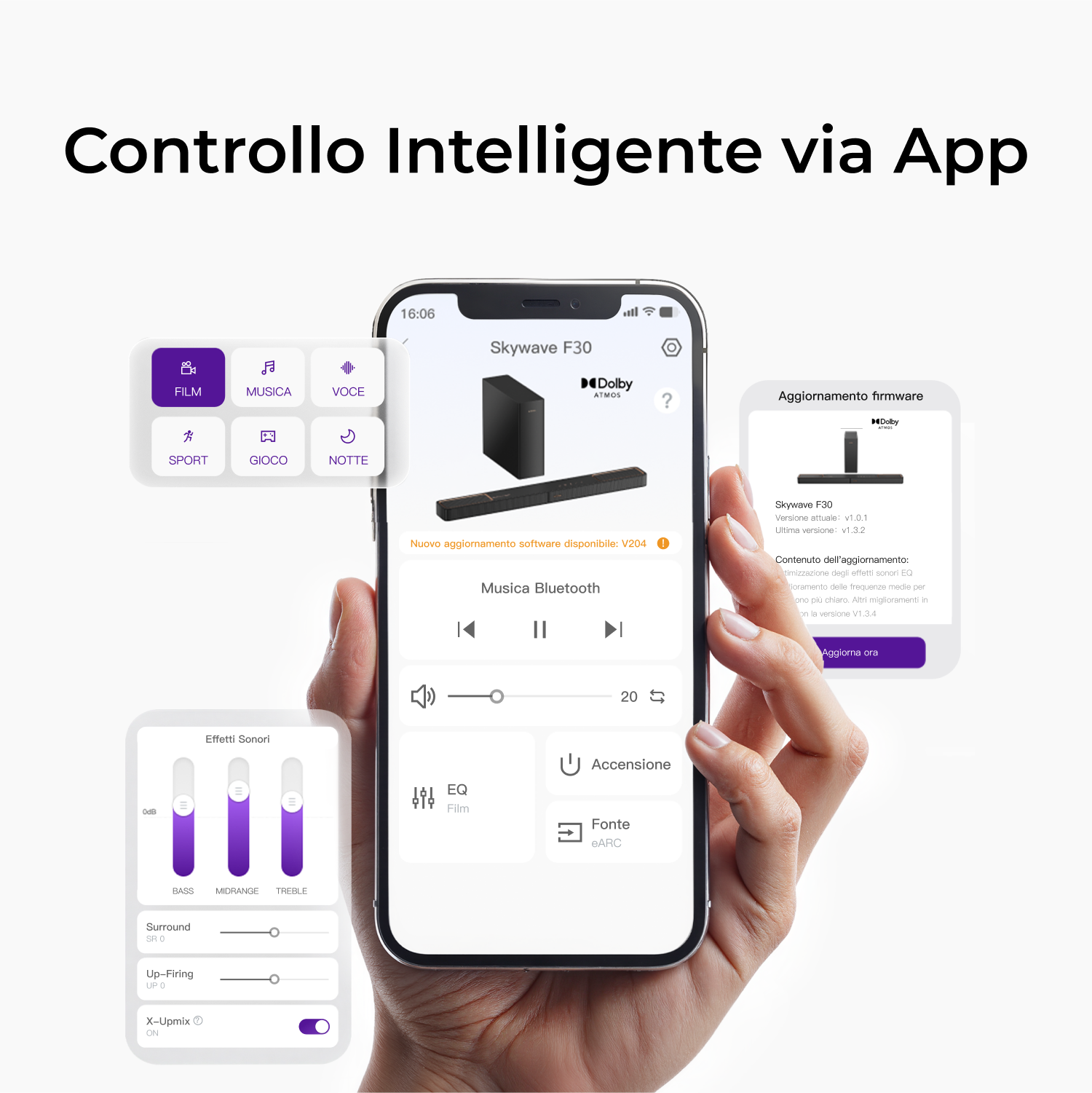 Una mano che tiene un telefono con un'interfaccia app. Lo schermo mostra un pannello di controllo del sistema audio e un aggiornamento del firmware.