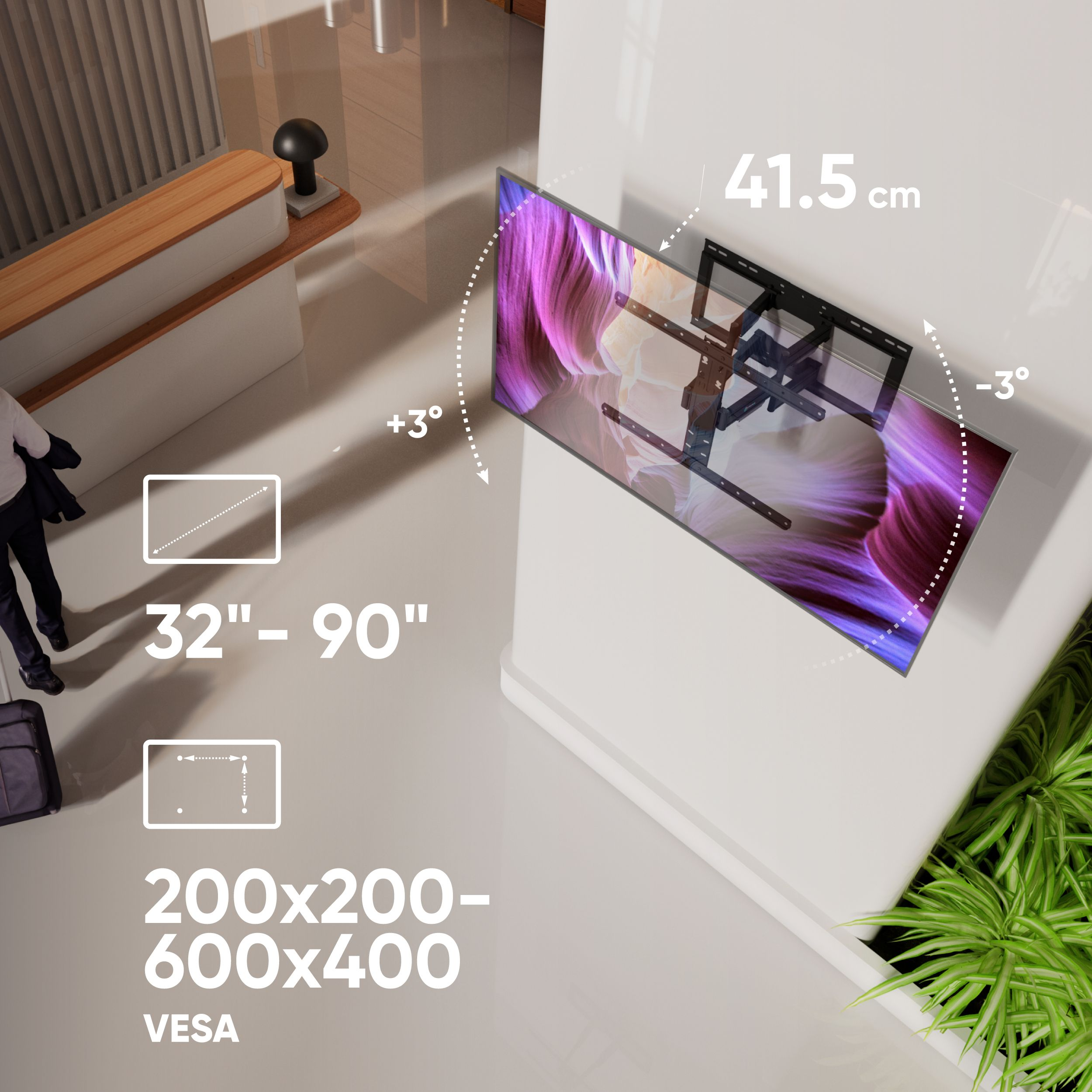 Telewizor zamontowany na ścianie. Tekst i grafika pokazujące wymiary i kąty. Osoba z bagażem w tle.