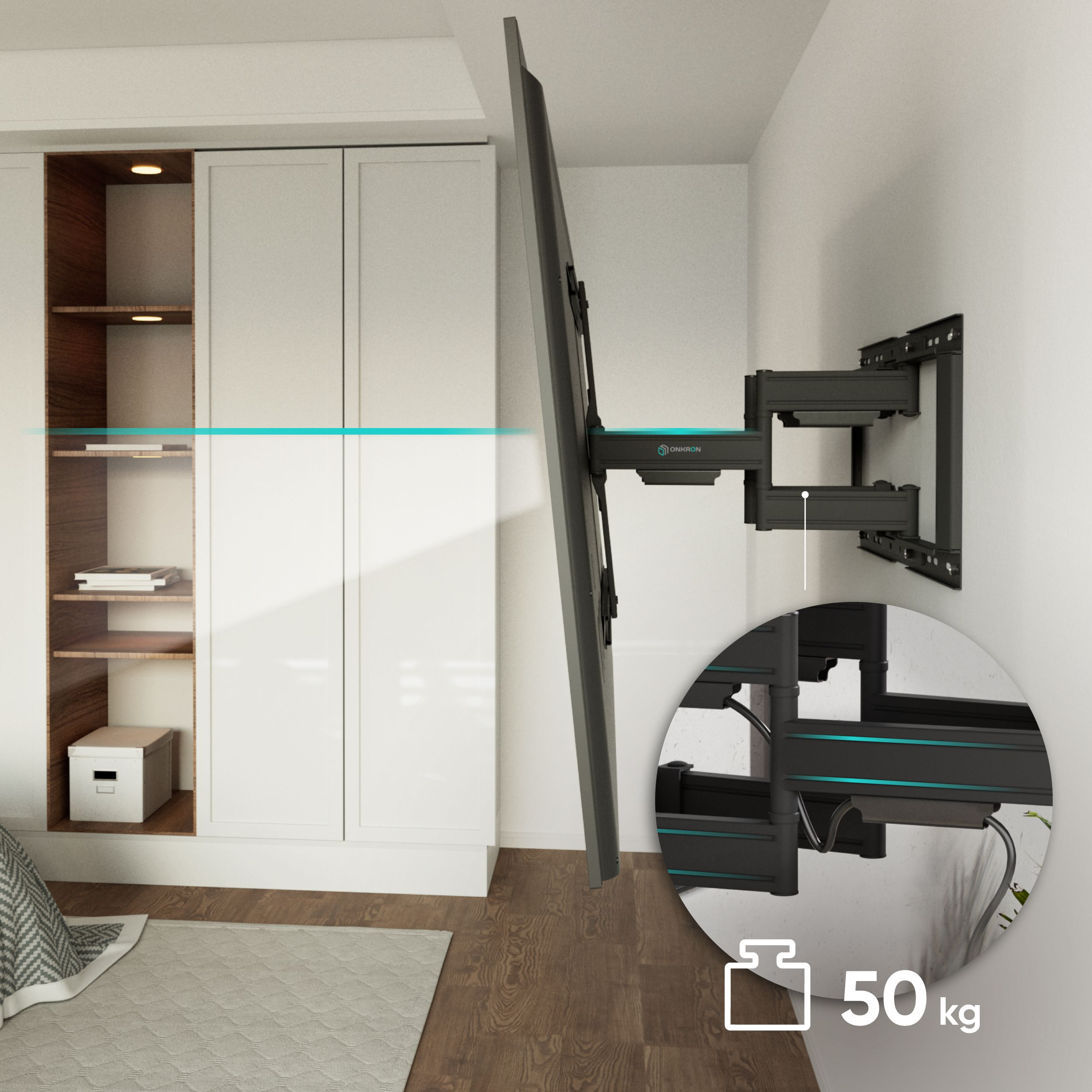 Telewizor zamontowany na ścianie, z czarnym wspornikiem. Po lewej szafka. Obraz pokazuje nośność 50 kg.