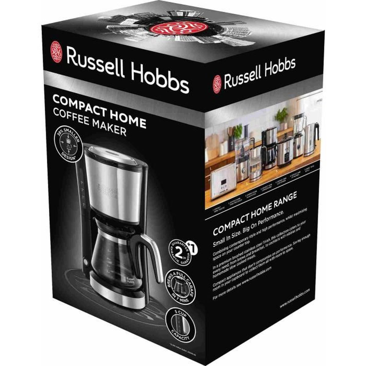 Pudełko z ekspresem do kawy Russell Hobbs. Kompaktowa konstrukcja, stal nierdzewna. Tekst na pudełku: Compact Home Coffee Maker. Pojemność 5 filiżanek.